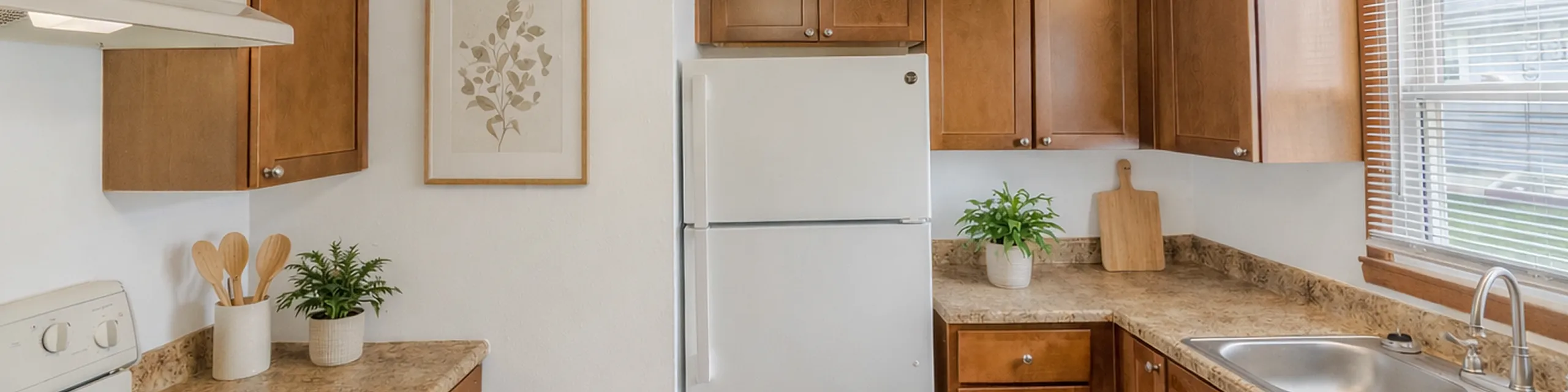 Charming kitchen with warm wooden cabinets, elegant ceiling fan, and abundant natural light.