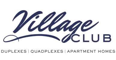 Village Club logo featuring a stylized script &ldquo;Village&rdquo; in deep blue with a sweeping underline, paired with bold uppercase &ldquo;CLUB&rdquo; lettering. Beneath the name, smaller text reads &ldquo;duplexes, quadplexes, apartment