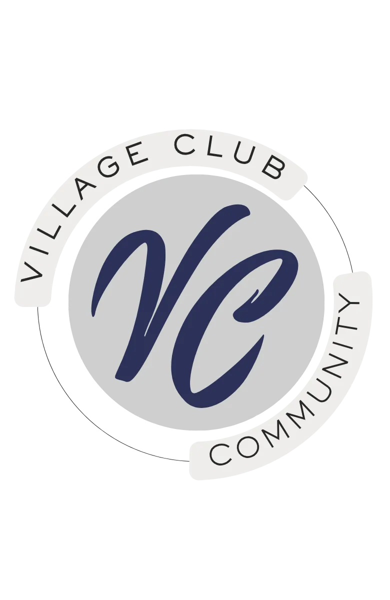 Village Club logo featuring a circular design with a dark blue &ldquo;VC&rdquo; script monogram centered on a light gray background, surrounded by curved text reading &ldquo;Village Club Community,&rdquo; representing a modern residential c