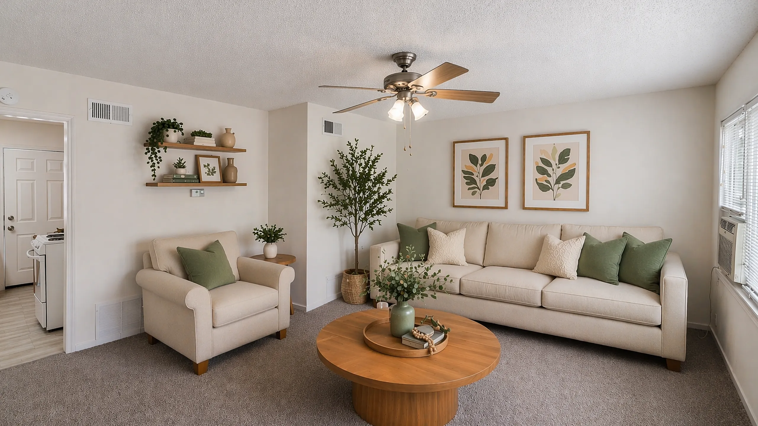 Bright, staged living room with beige sofa and matching armchair, round wood coffee table with greenery decor, wall art, floating shelves, and carpet flooring in a neutral apartment interior with natural light from window and ceiling fan ov