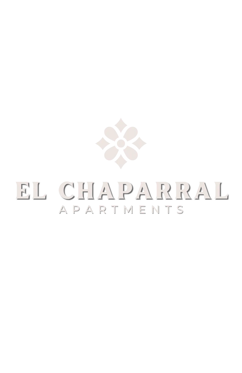 Elegant logo of El Chaparral Apartments featuring a stylized floral design on a sleek black background.