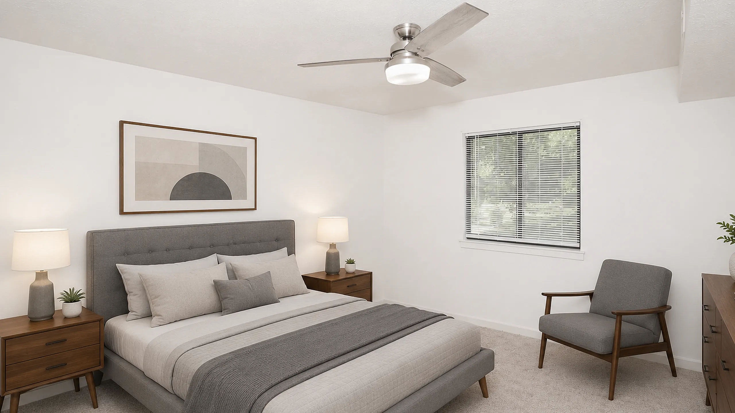 Elegant bedroom with a cozy modern design featuring a plush bed, stylish decor, and ample natural light.
