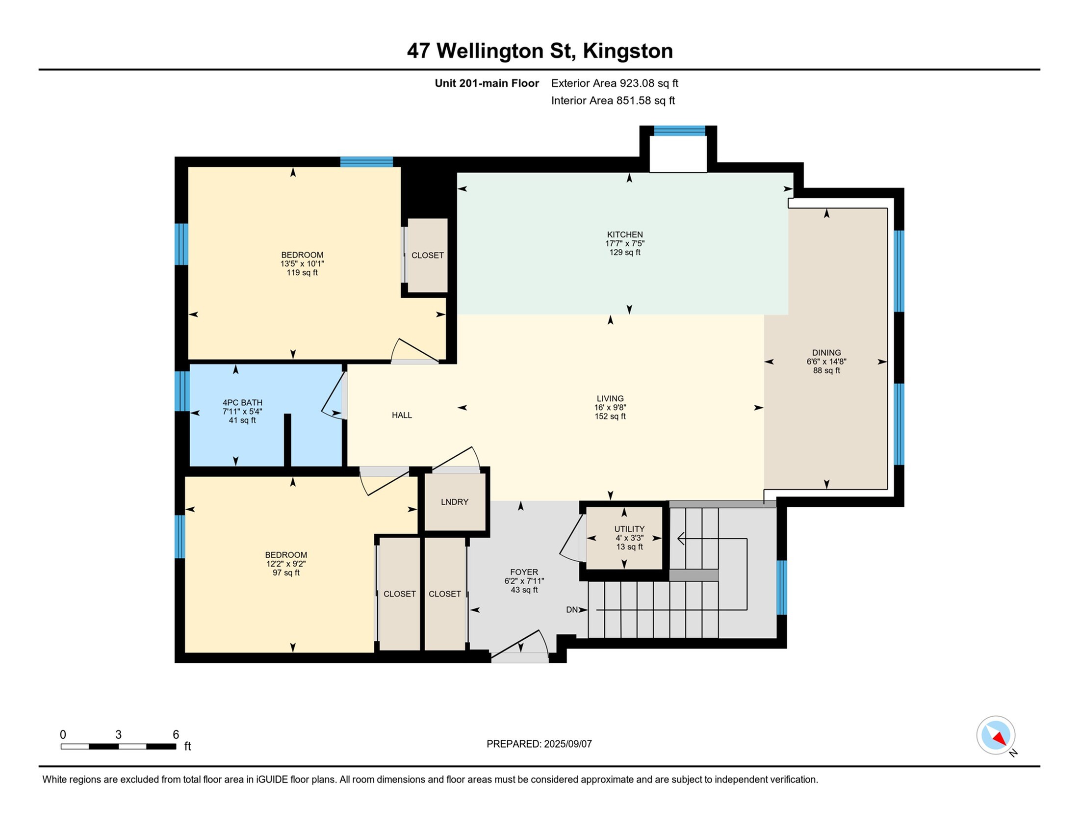 Inviting floor plan at 47 Wellington St, Kingston featuring 2 cozy bedrooms, a spacious kitchen, elegant dining area, and comfortable living area. Total interior space of 851.58 sq ft.