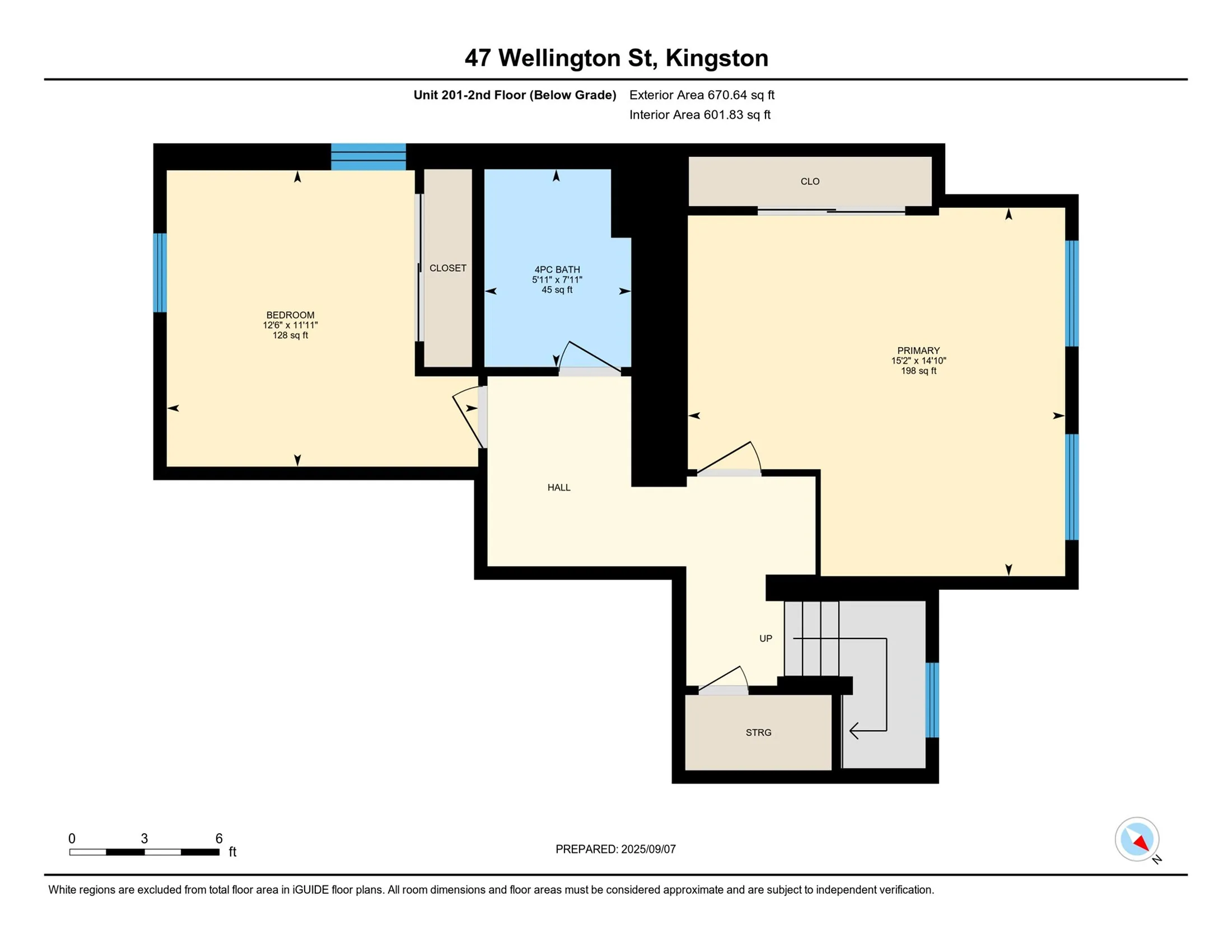 Modern floor plan for 47 Wellington St, Kingston, featuring two spacious bedrooms, a 4-piece bath, and ample closet space. Ideal for stylish living with 670.64 sq ft exterior and 601.83 sq ft interior area.