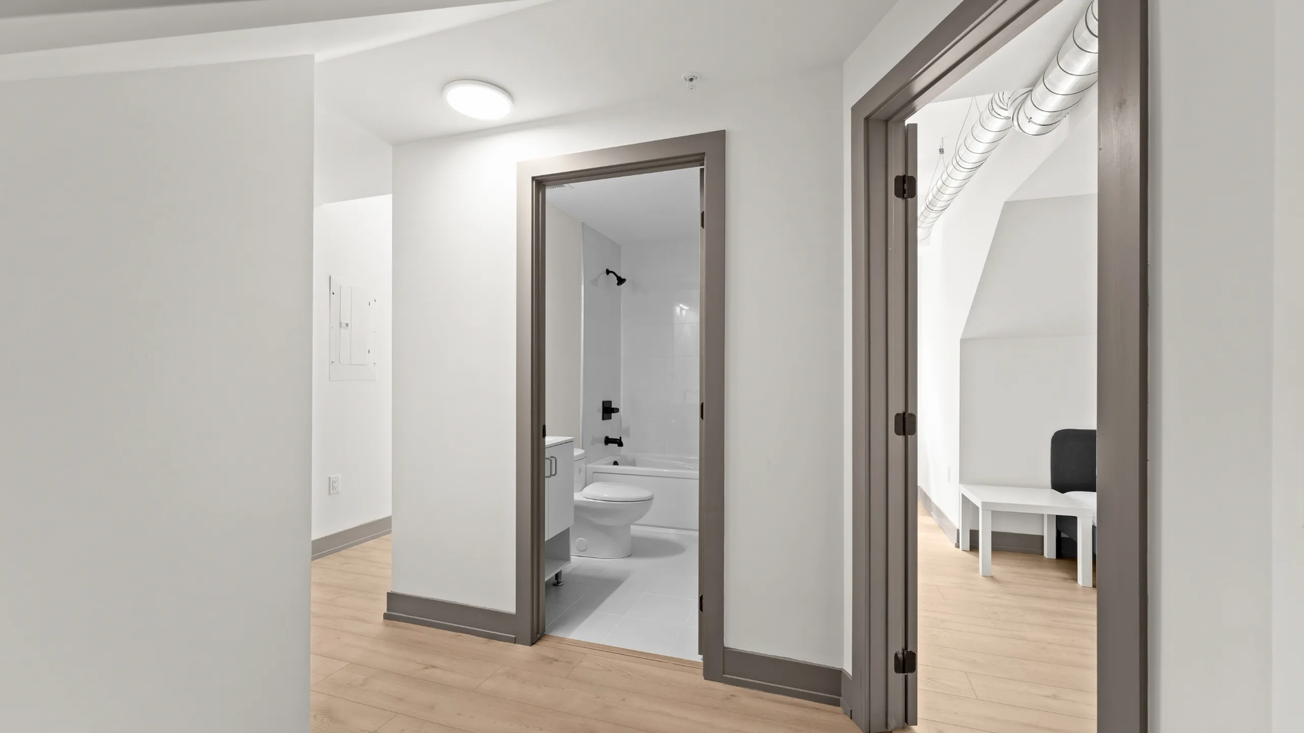 Modern apartment hallway featuring sleek wooden flooring, a bathroom with elegant fixtures, and an inviting room entrance.