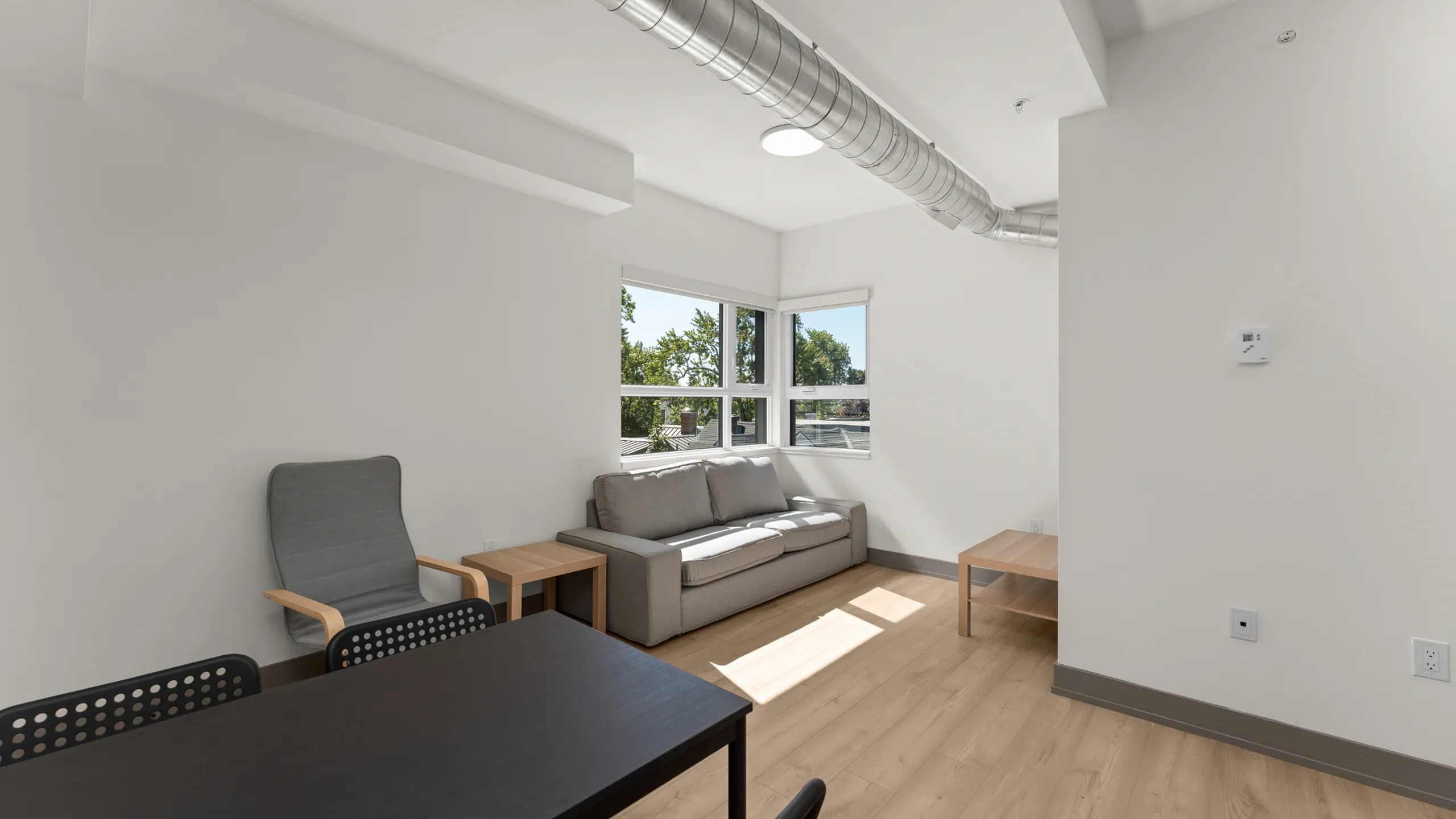 Bright and airy living room with modern decor, featuring a comfortable gray sofa, sleek armchair, and large window letting in natural light.