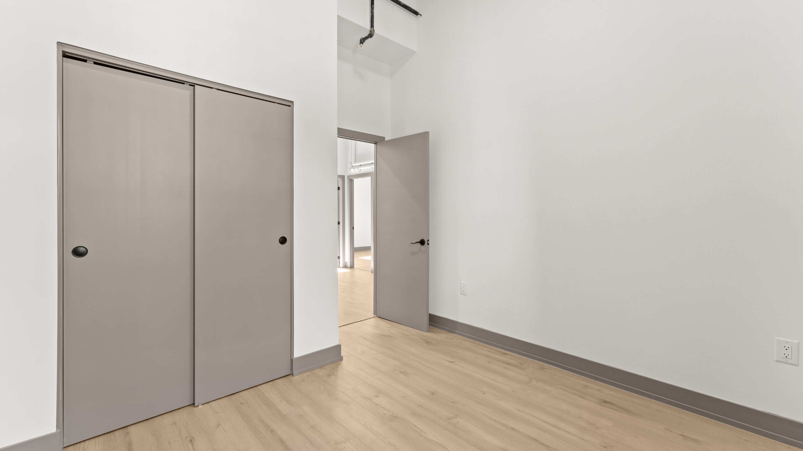 Bright apartment room with light wood flooring and elegant gray doors, exuding modern minimalistic charm.