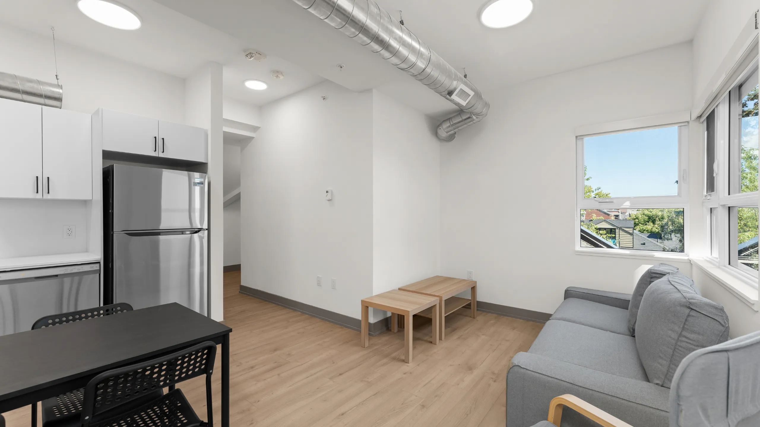 Modern apartment living area featuring sleek stainless steel appliances, cozy gray sofa, and bright windows with a view.