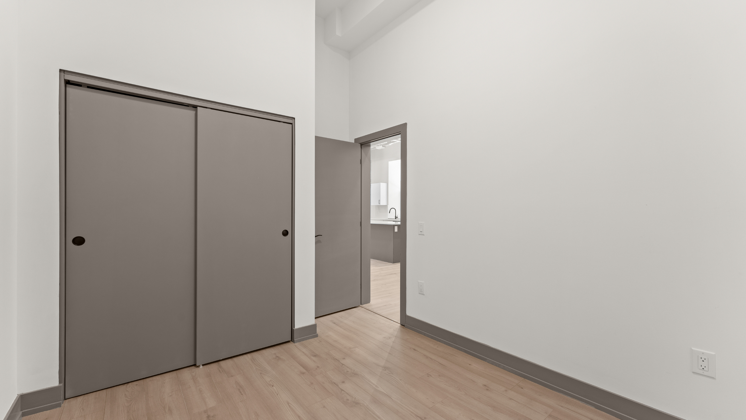 Bright, modern room featuring sleek closet doors and light wood flooring, with a glimpse into a stylish kitchen area.