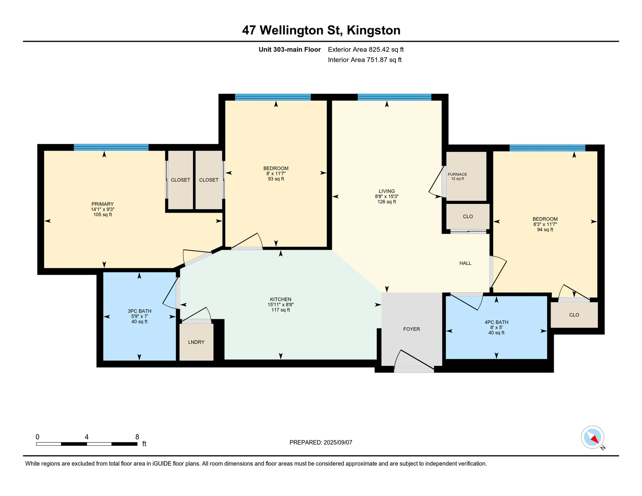 Elegant floor plan for Unit 303 at 47 Wellington St, Kingston, featuring two bedrooms, spacious living area, kitchen, and two bathrooms across 751.87 sq ft interior space.