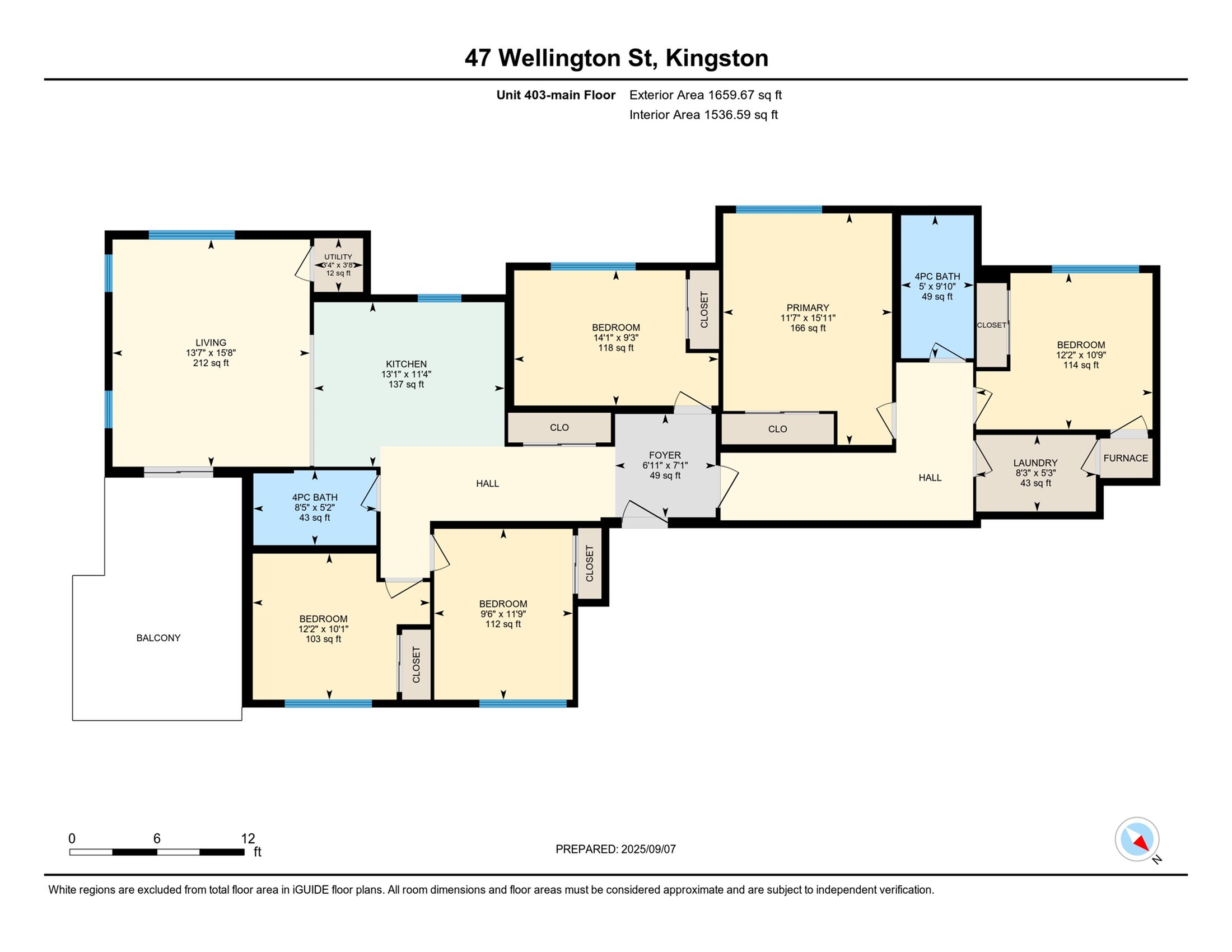Elegant floor plan of Unit 403 at 47 Wellington St, Kingston, showcasing 3 spacious bedrooms, a modern kitchen, and a cozy living room, complete with a balcony for outdoor enjoyment. Total area 1659.67 sq ft.