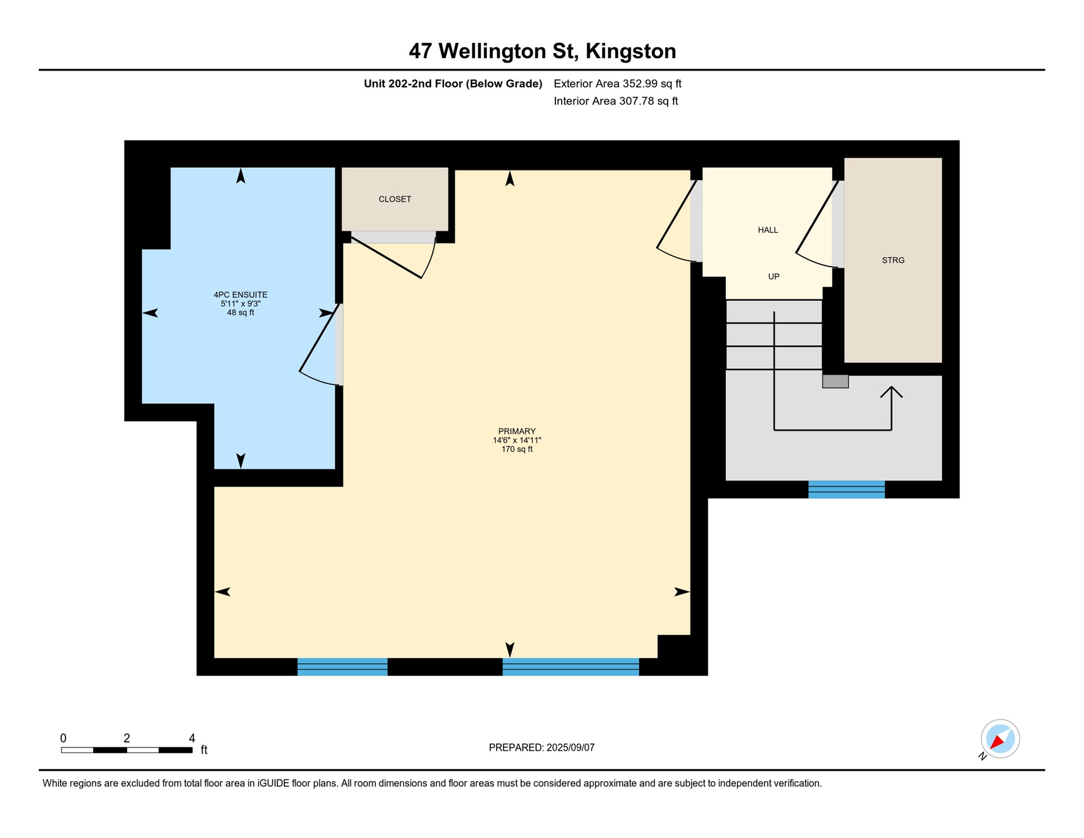 Modern floor plan of 47 Wellington St, Kingston showcasing a primary bedroom with 4-piece ensuite, spacious layout, and convenient closet space.