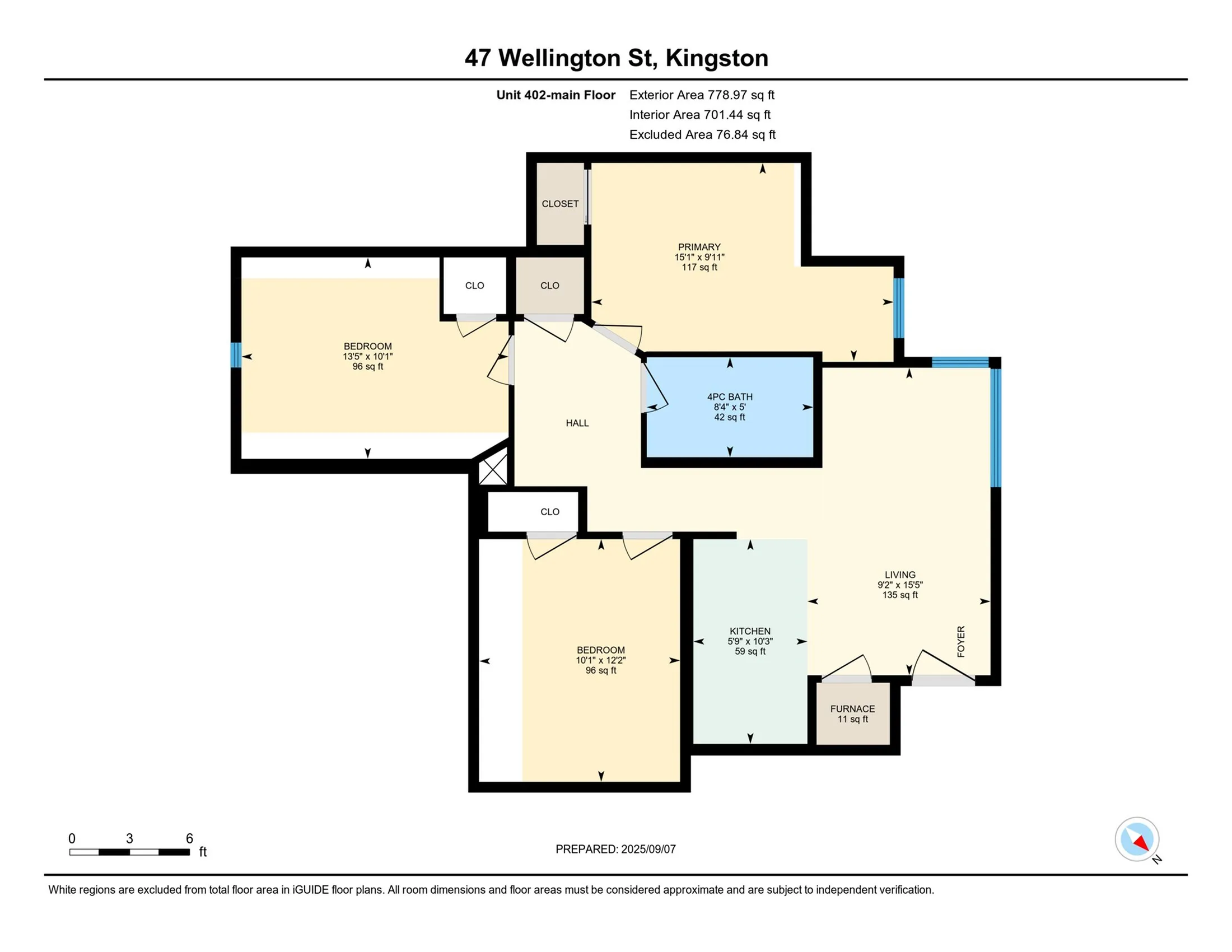 Modern floor plan at 47 Wellington St, Kingston showcasing a stylish unit with 2 spacious bedrooms, a sleek kitchen, cozy living area, and a 4-piece bath, covering 701.44 sq ft.