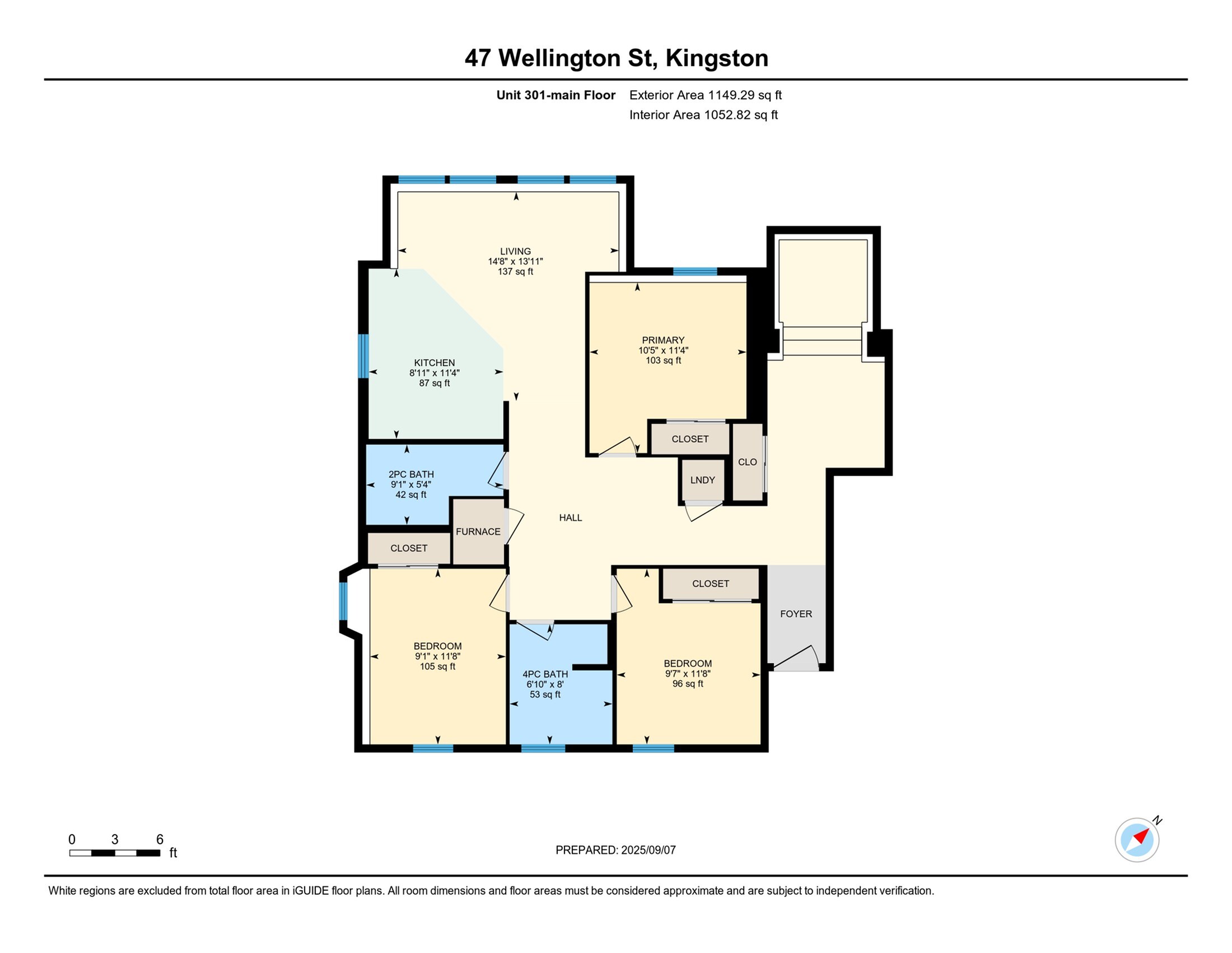 Charming floor plan at 47 Wellington St, Kingston featuring a spacious living room, cozy kitchen, and three well-appointed bedrooms. Includes two bathrooms, a convenient laundry area, and ample closet space, perfect for a comfortable lifestyle. Unit 301 spans 1149.29 sq ft for exterior and 1052.82 sq ft for interior.