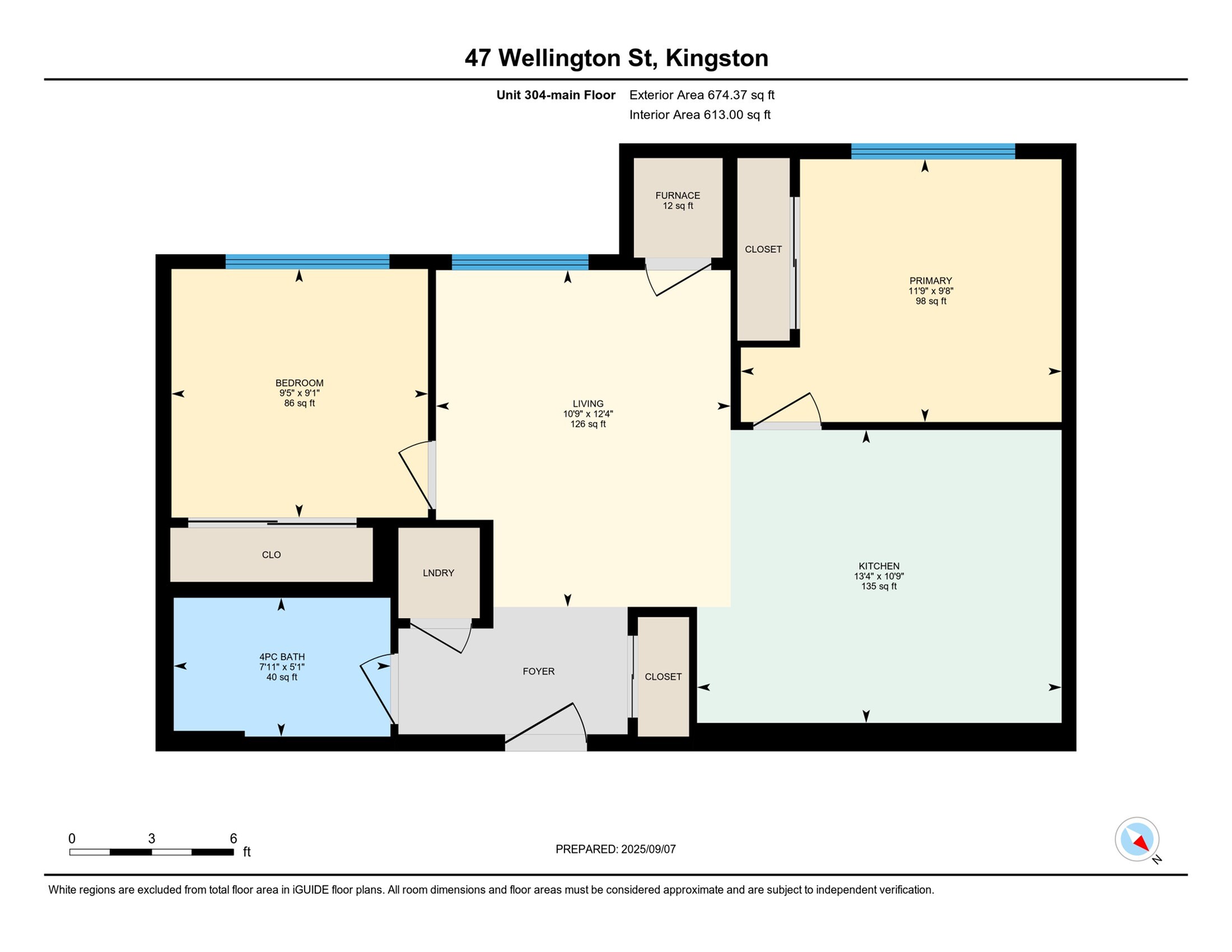 Contemporary floor plan for 47 Wellington St, Kingston featuring 2 bedrooms, a stylish living area, modern kitchen, and bathroom with laundry room, totaling 613 sq ft interior area.