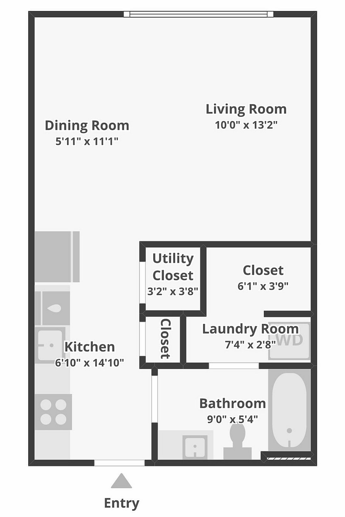 Modern floor plan with a spacious living room, adjacent dining area, and a well-equipped kitchen. Features include a utility closet, bathroom, and laundry room, ensuring convenience and comfort.