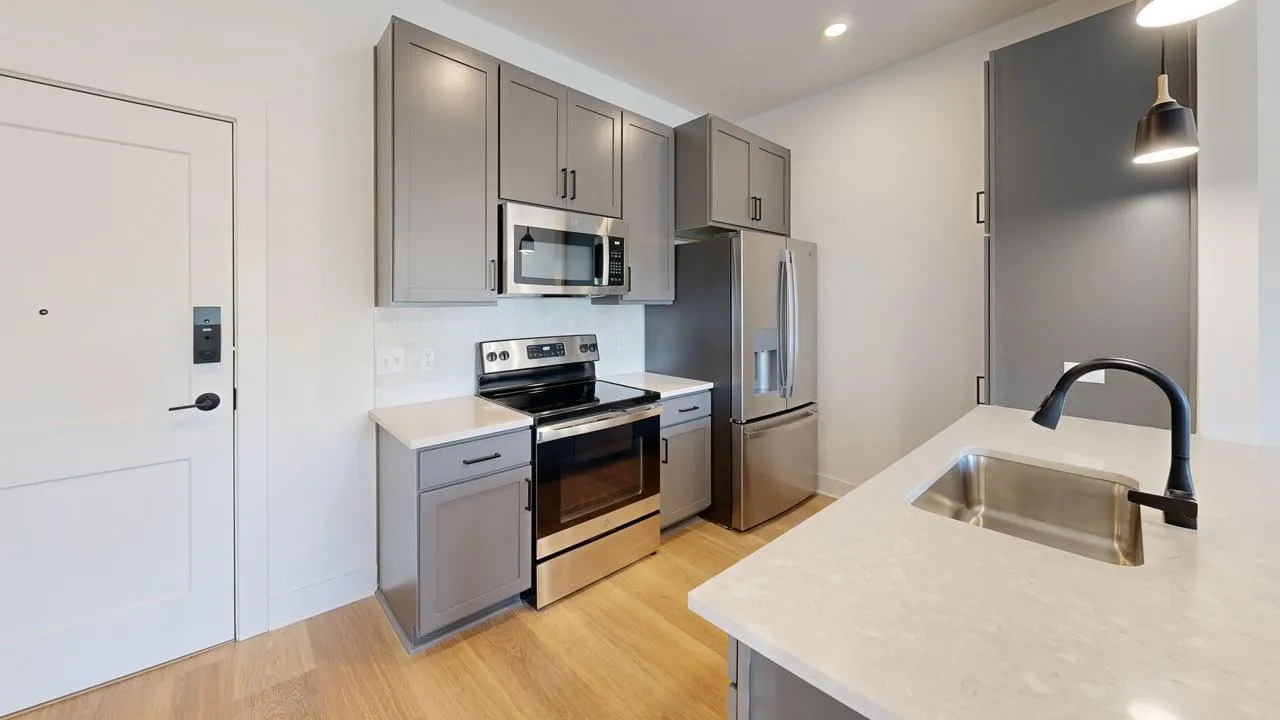 Modern kitchen with sleek gray cabinets, stainless steel appliances, and elegant quartz countertops.