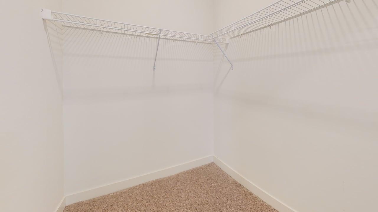 Spacious walk-in closet with sleek white shelving and plush carpet flooring, perfect for organized storage.