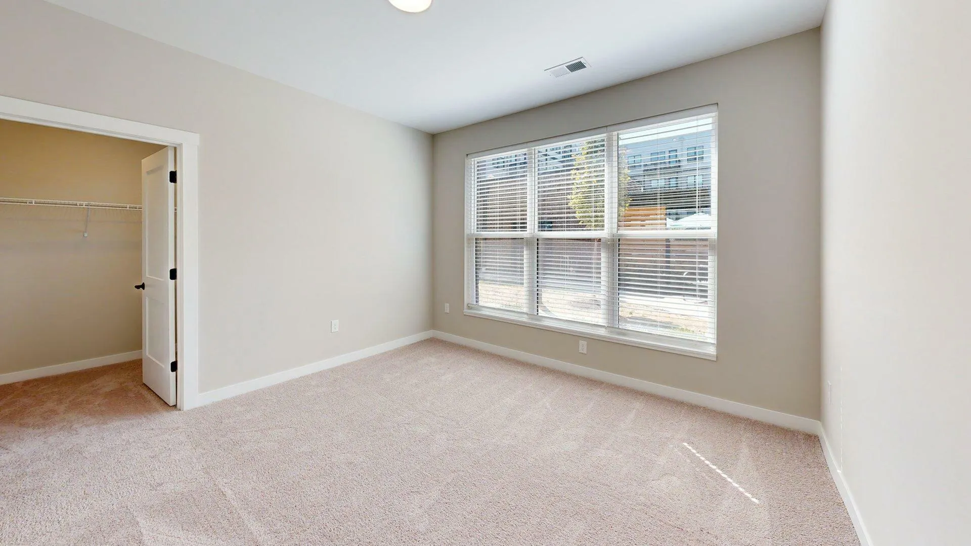 Bright and spacious empty bedroom with plush carpet and large window offering natural light.