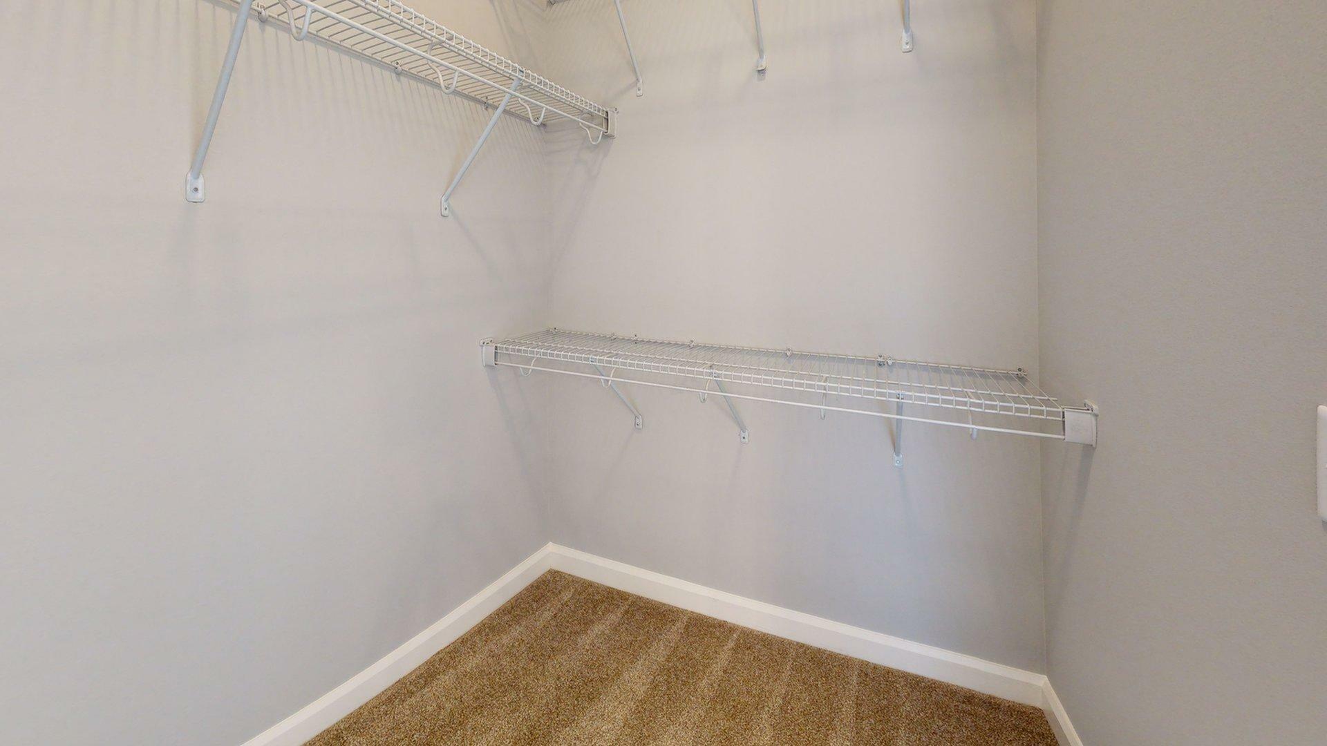 Spacious walk-in closet with wire shelving and plush carpet, ideal for organized storage solutions.