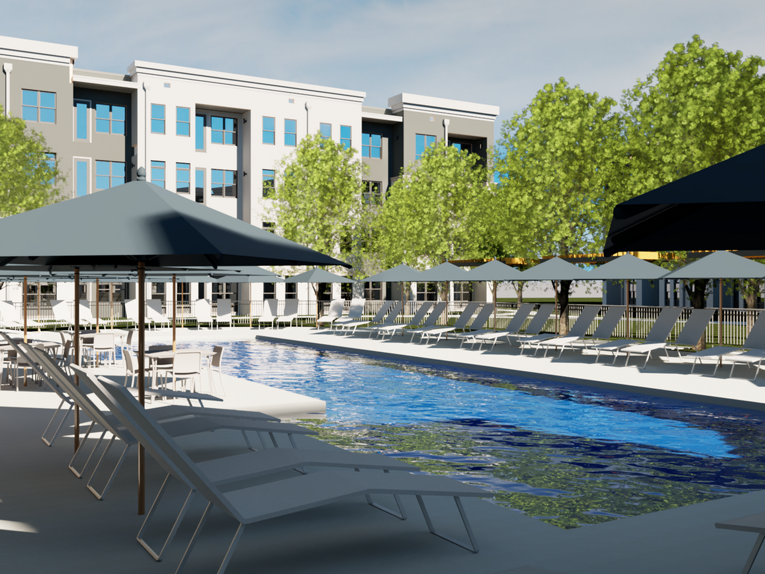 Luxurious poolside retreat showcasing elegant loungers and chic umbrellas against modern apartment backdrop.