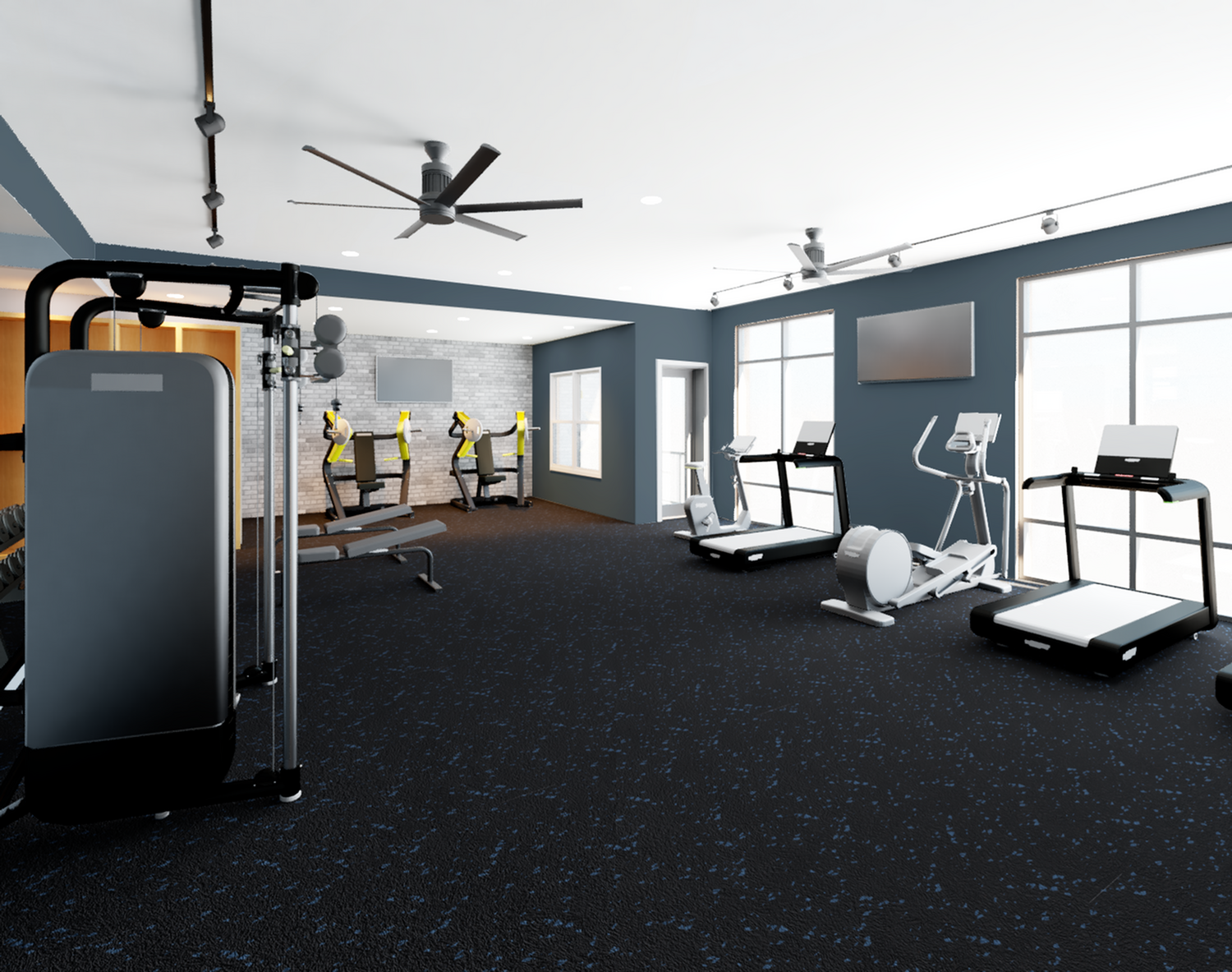 Modern gym with spacious layout, featuring state-of-the-art equipment, including treadmills and weight machines, under bright natural lighting.