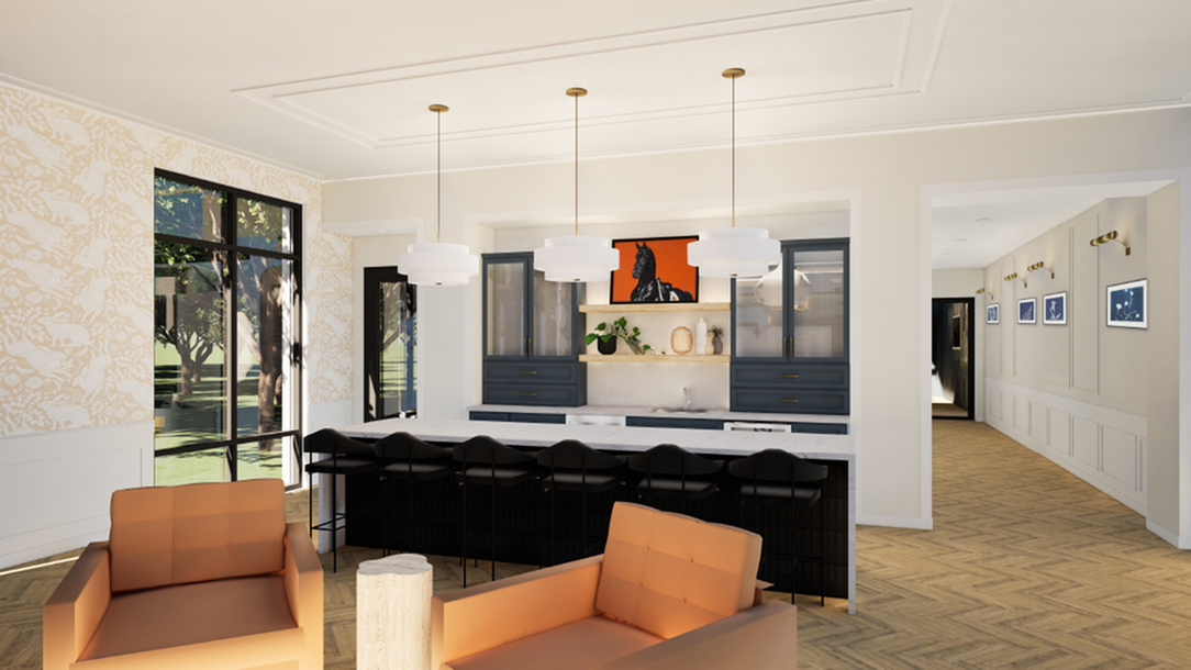 Elegant open-concept living room with modern kitchen, featuring stylish pendant lighting, large windows for natural light, and chic seating area.