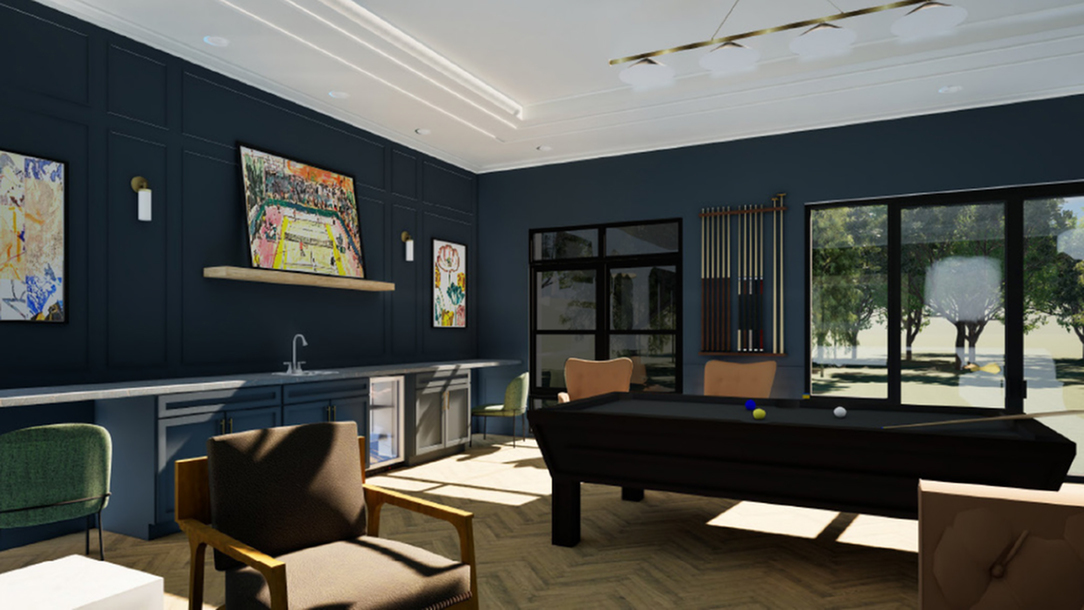 Sophisticated game room featuring a billiards table, plush seating, and modern decor with large windows offering a scenic view.