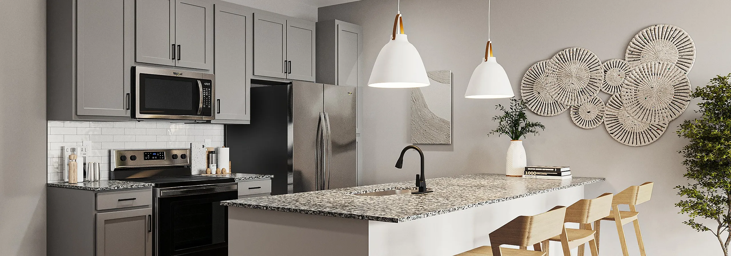 Sleek modern kitchen rendering with a granite island barstools and elegant lighting.