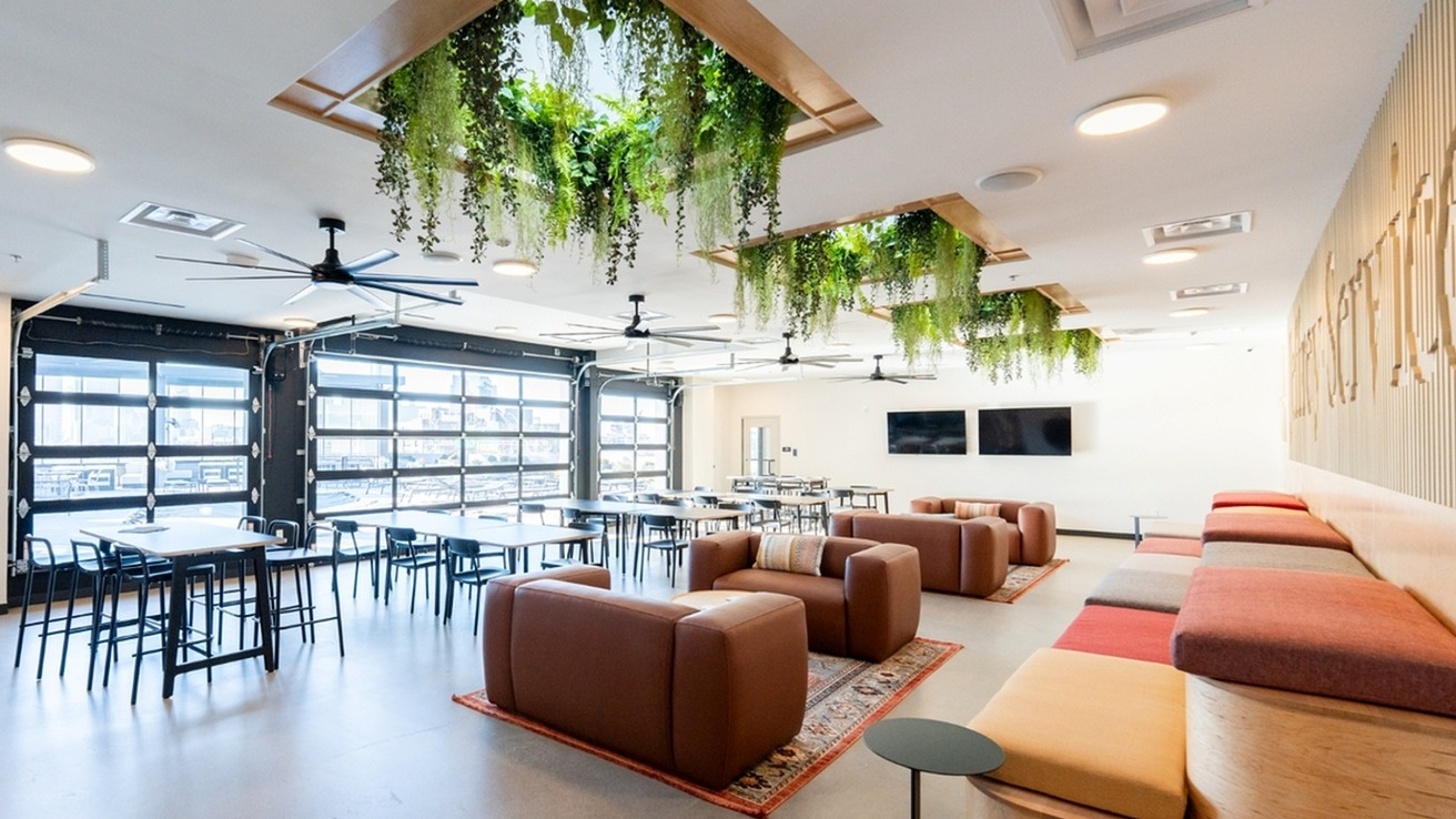 Modern community lounge with cozy seating, natural light, and hanging greenery.