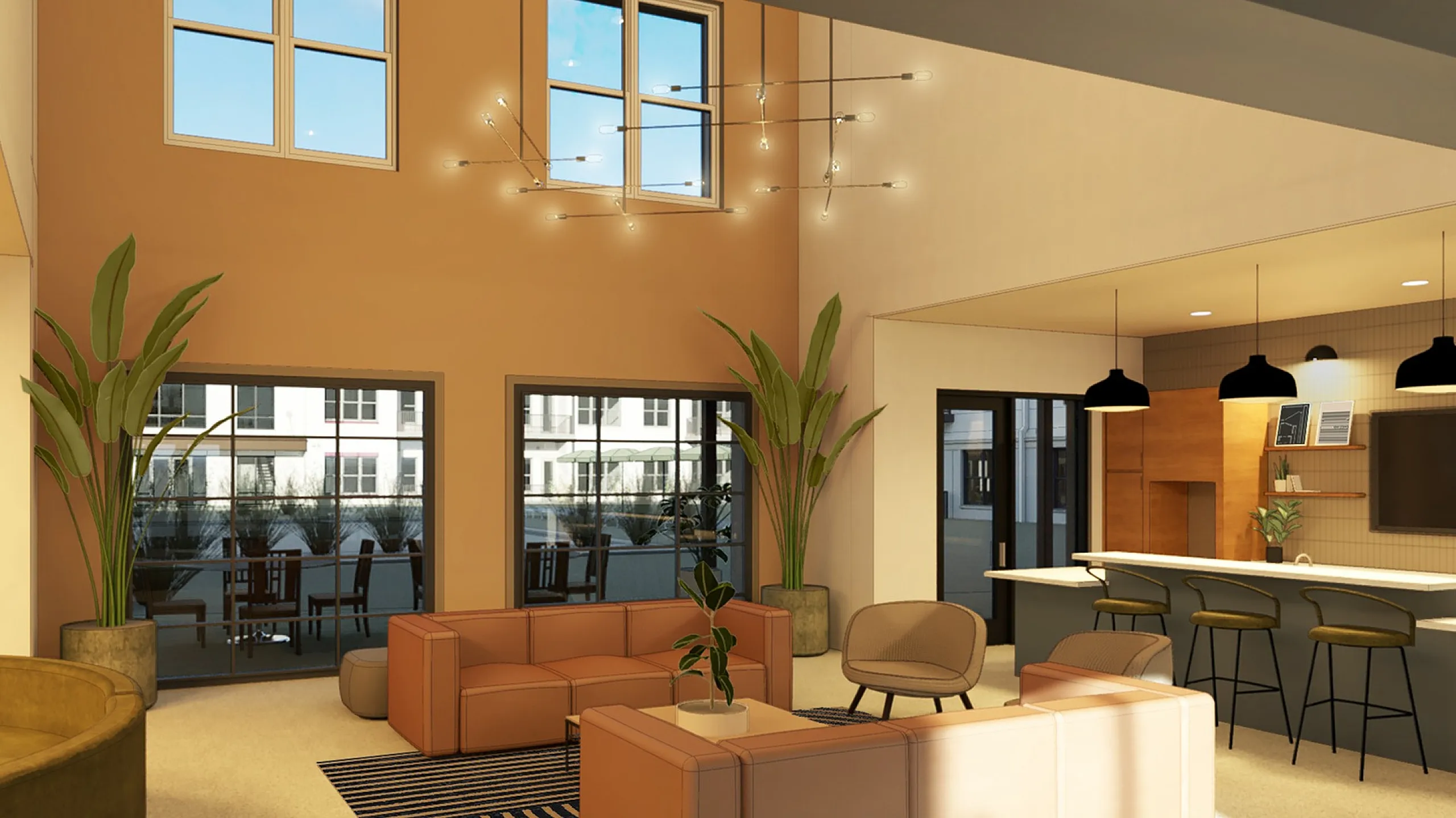 Elegant living space with modern furnishings, high ceiling, large windows, and a chic kitchen bar area.
