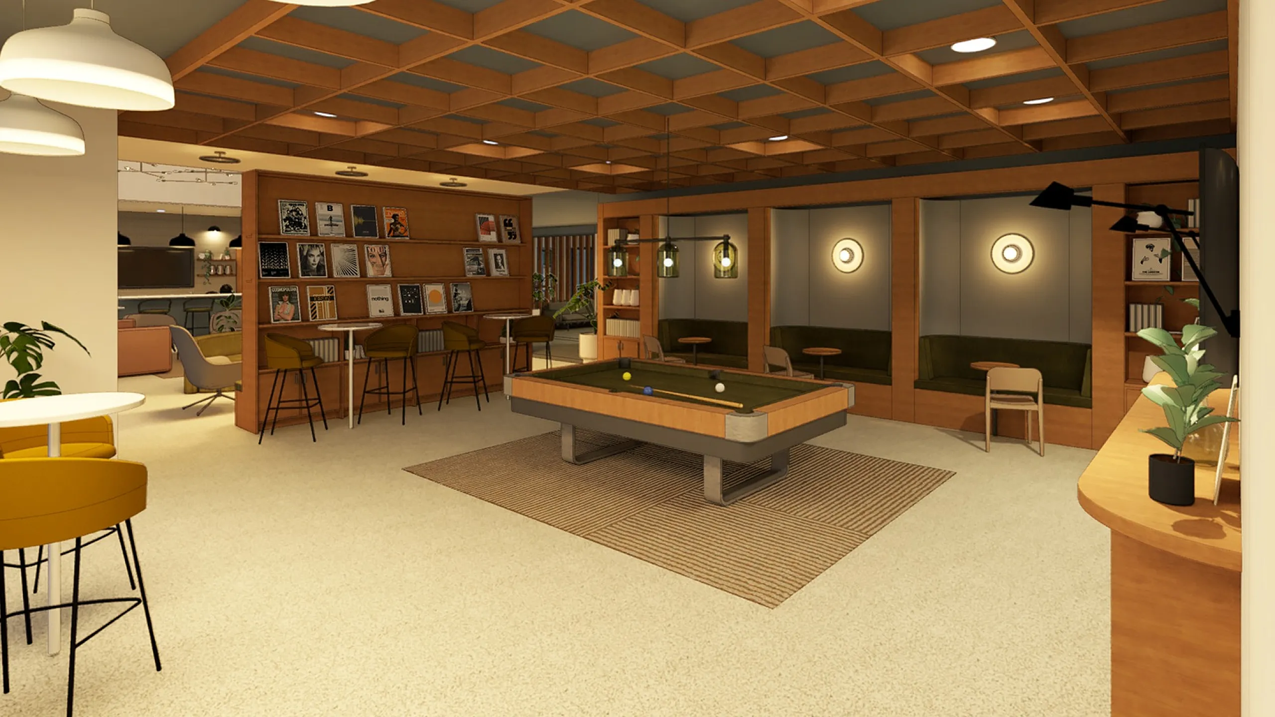 Modern leisure room with a stylish billiards table, cozy seating areas, and ambient lighting, perfect for relaxation and socializing.