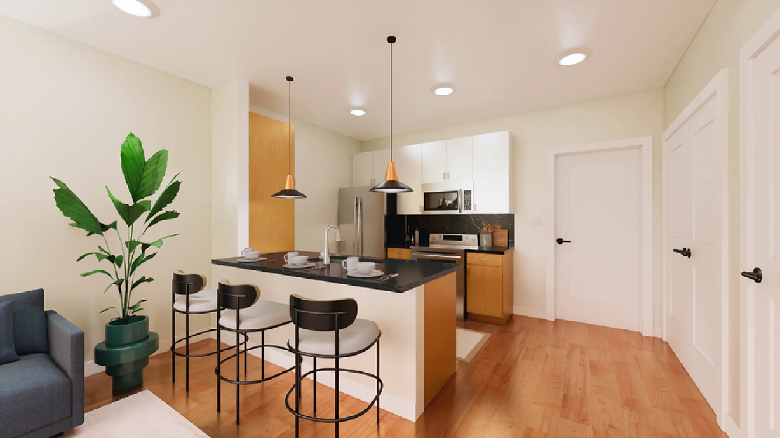 Modern kitchen design with sleek countertops, stylish bar seating, and stainless steel appliances, perfect for entertaining.