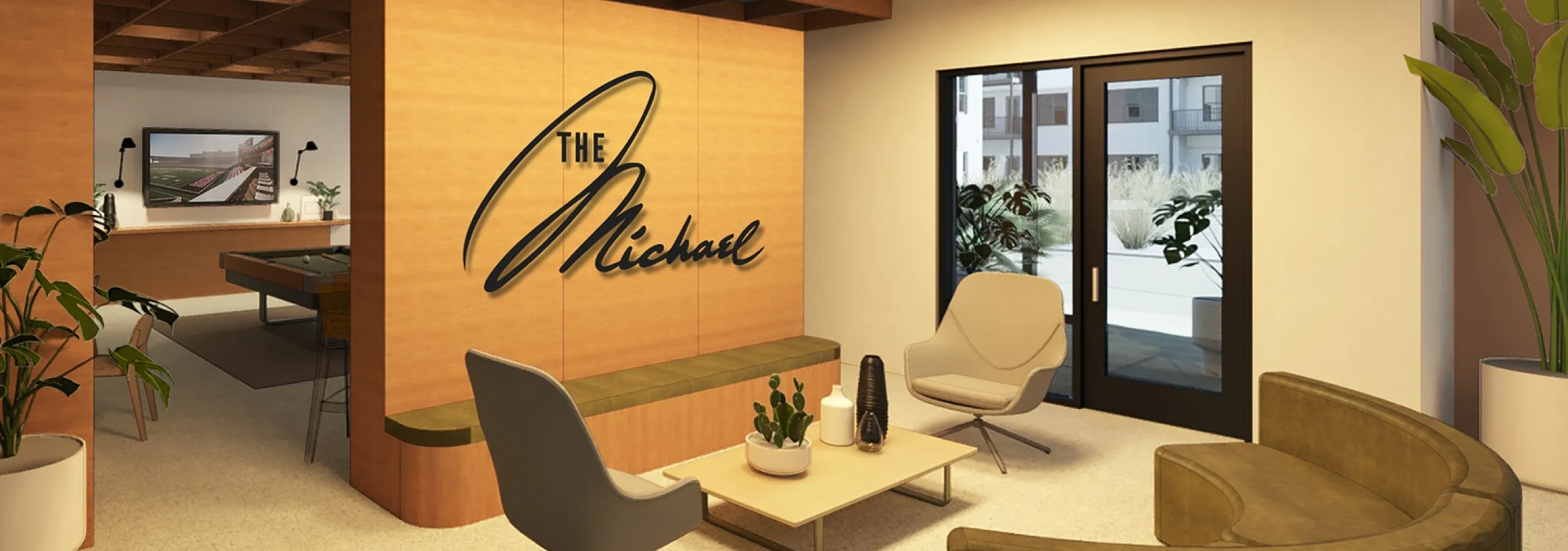Elegant apartment lobby with stylish seating, modern decor, and inviting atmosphere at The Michael.