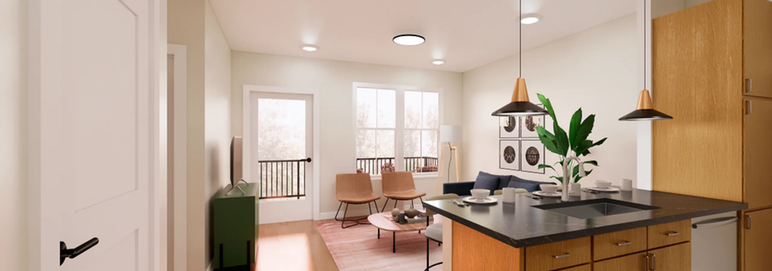 Modern open-plan living space featuring a sleek kitchen with a granite countertop, elegant hanging lights, and a cozy living area with large windows and stylish decor.