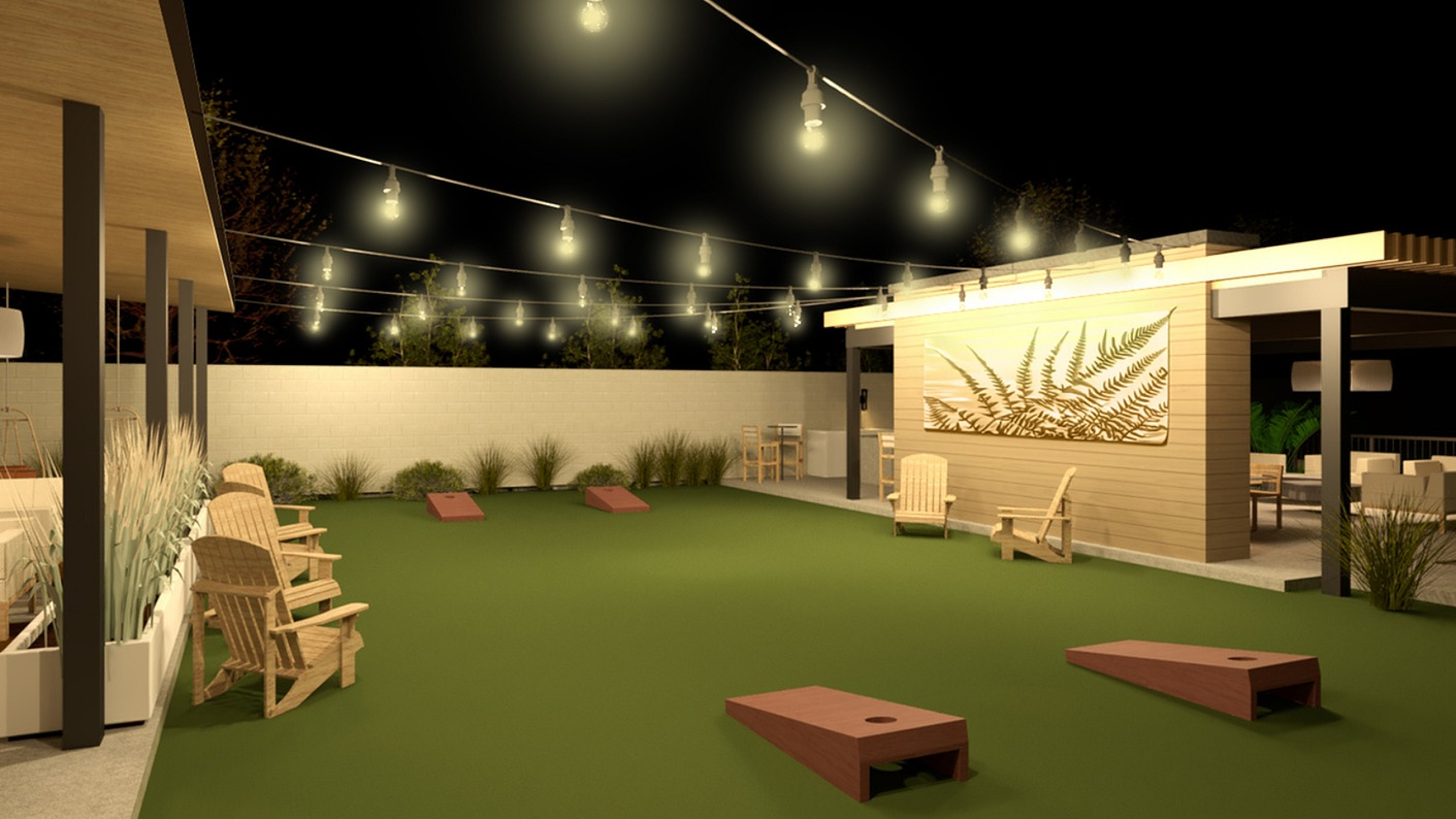 Charming outdoor space featuring string lights, cozy wooden seating, and a fun cornhole game setup, perfect for evening gatherings.