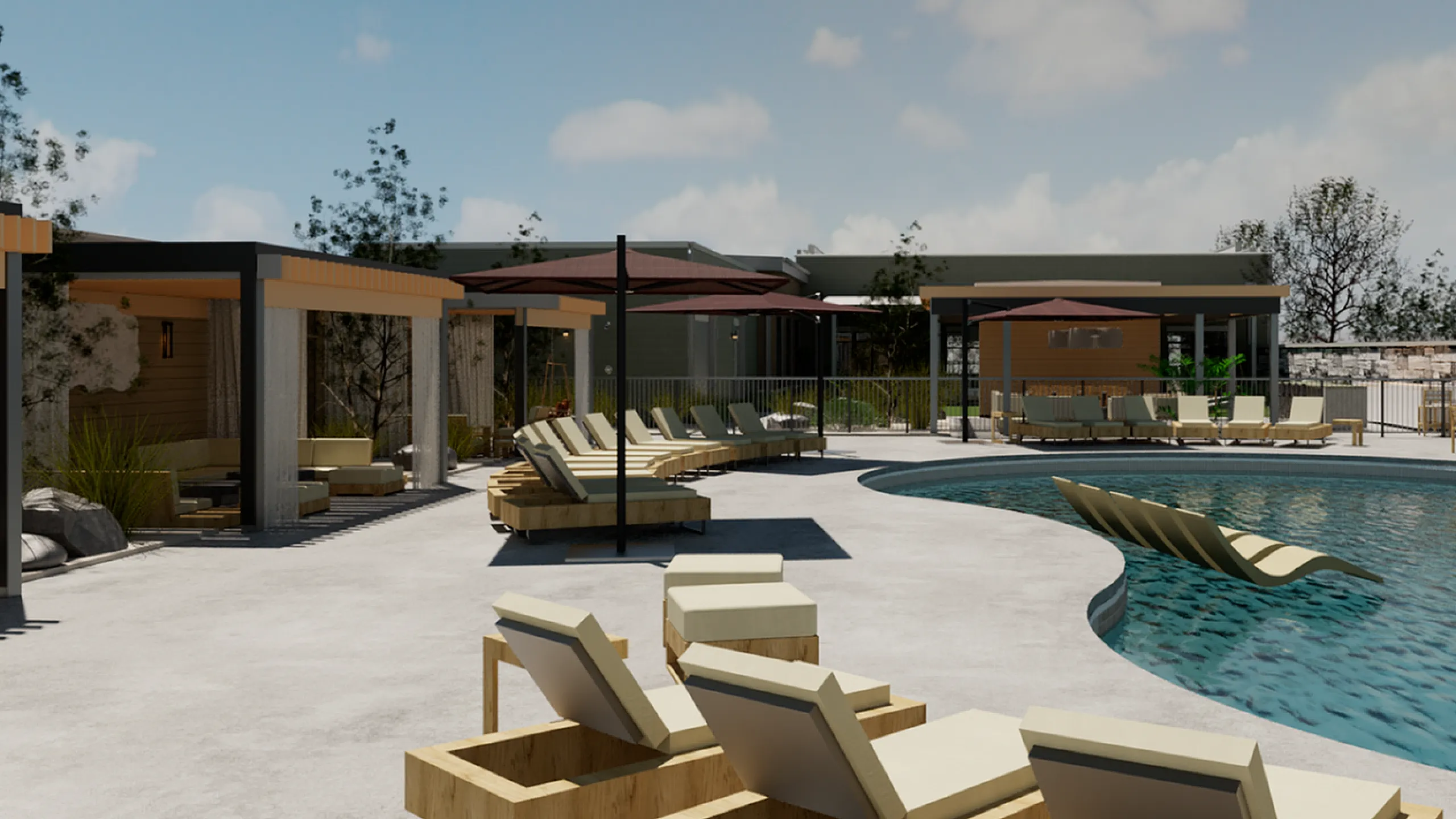 Luxurious apartment pool area featuring modern loungers, stylish cabanas, and a sparkling curved swimming pool under a clear sky.