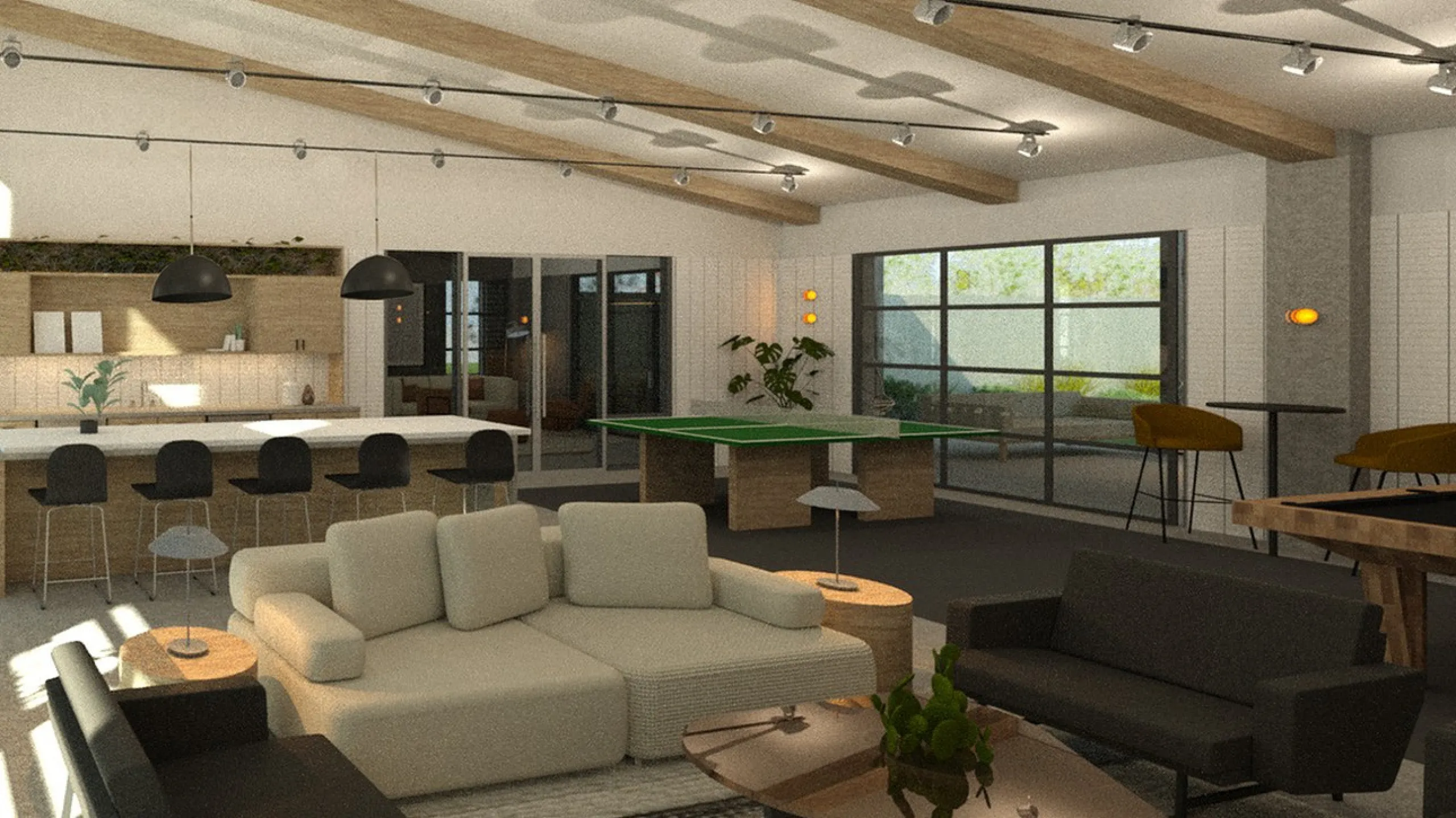 Luxurious open-concept living area with modern kitchen, cozy lounge, and stylish decor perfect for entertaining.