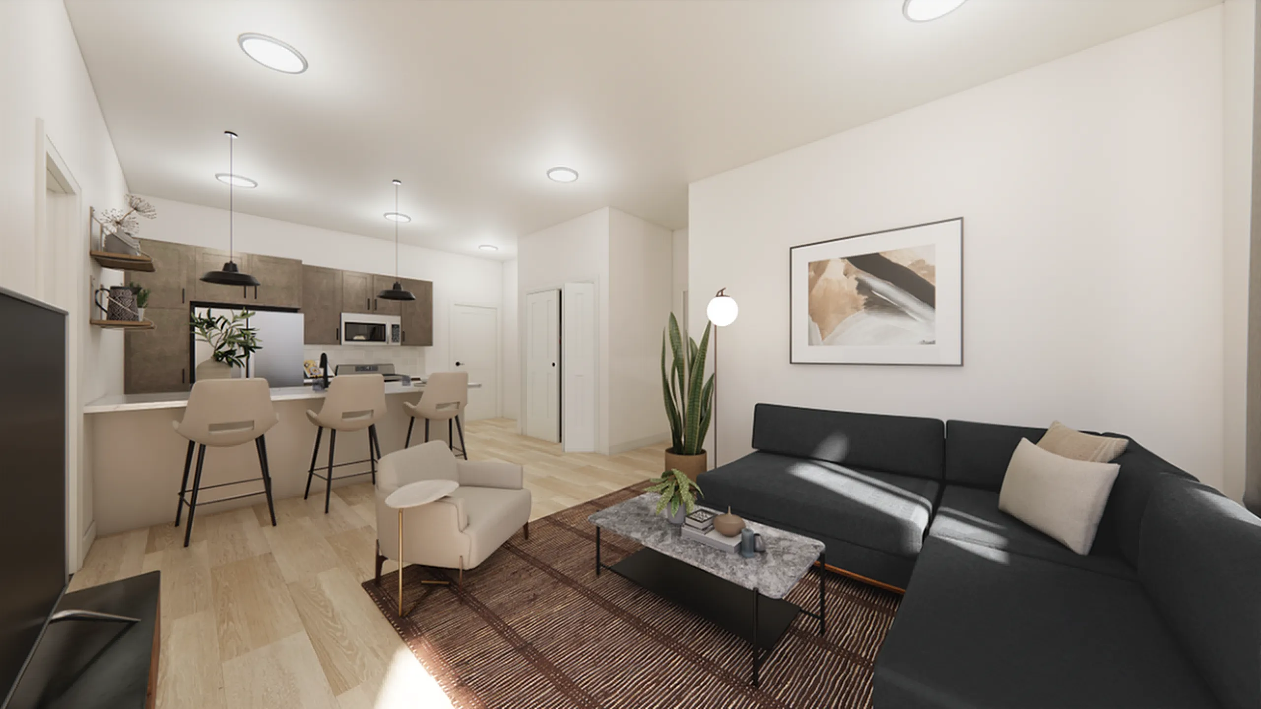 Modern open-concept living room with a sleek kitchen, stylish bar seating, and cozy lounge area, featuring chic decor and ample natural light.