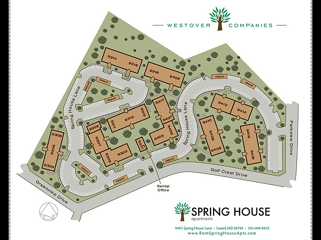 Inviting layout of Spring House Apartments showcasing a well-organized complex with lush green areas, convenient parking, and easy access from multiple streets.