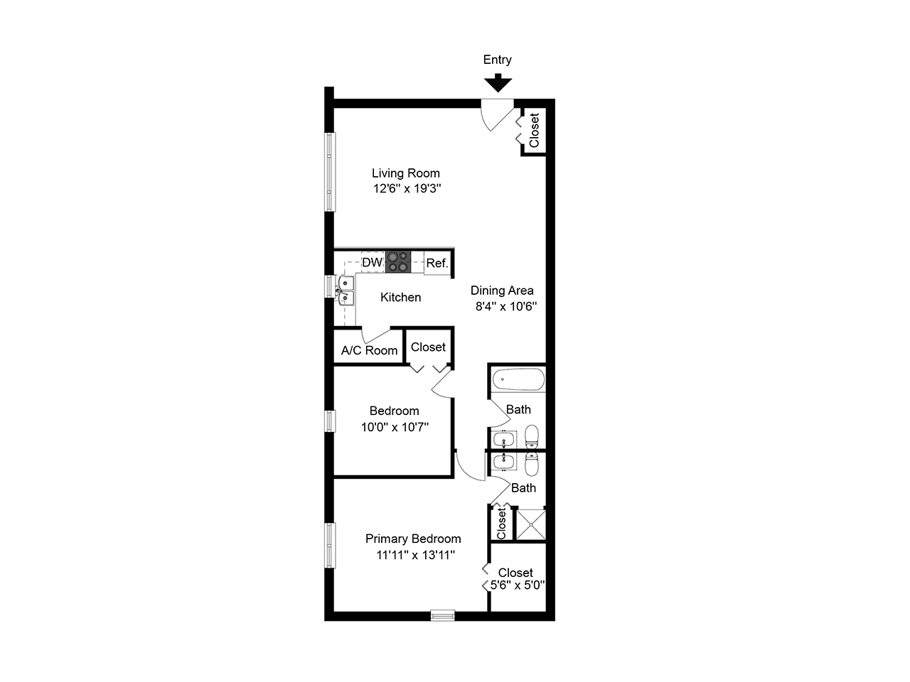 Compact floor plan featuring 2 bedrooms, a generous living room, kitchen, and dining area.