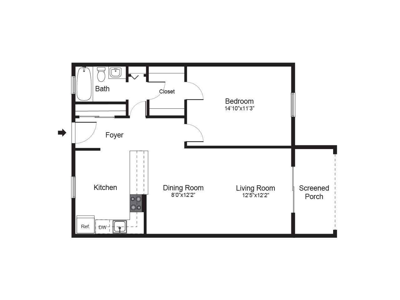 Sleek apartment floor plan showcasing 1 spacious bedroom, inviting living room, dining area, modern kitchen, and a charming screened porch.