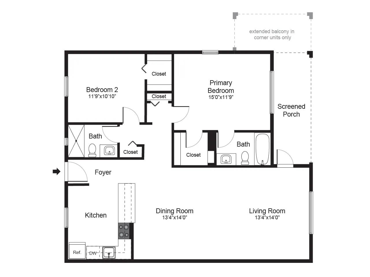 Inviting 2D floor plan showcasing 2 bedrooms, a modern kitchen, and expansive living and dining areas, featuring a screened porch and ample closet space.