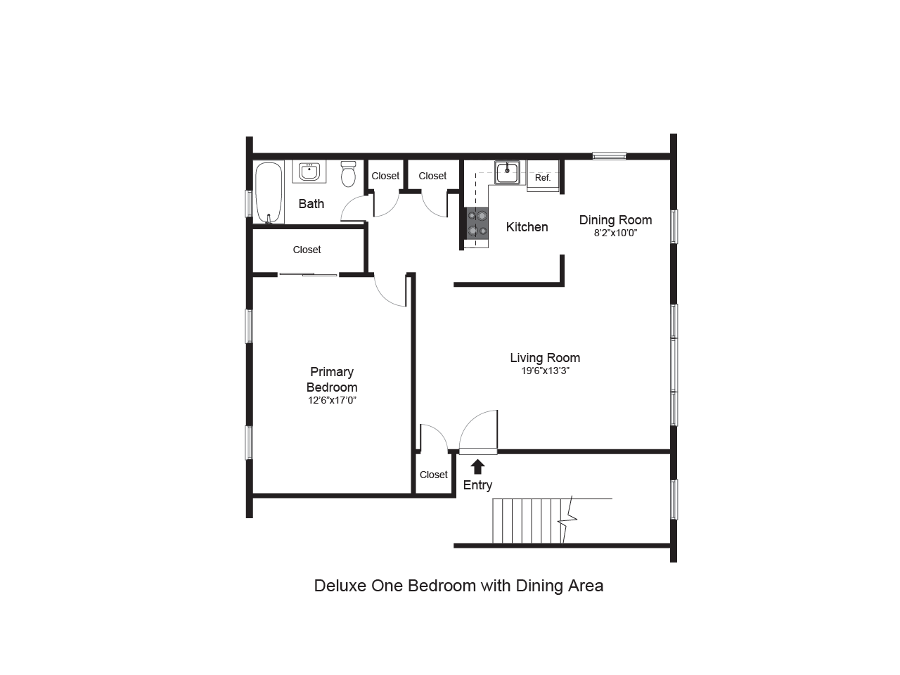 Deluxe one-bedroom apartment floor plan showcasing a spacious primary bedroom, open living room, kitchen, dining area, and ample closet space.