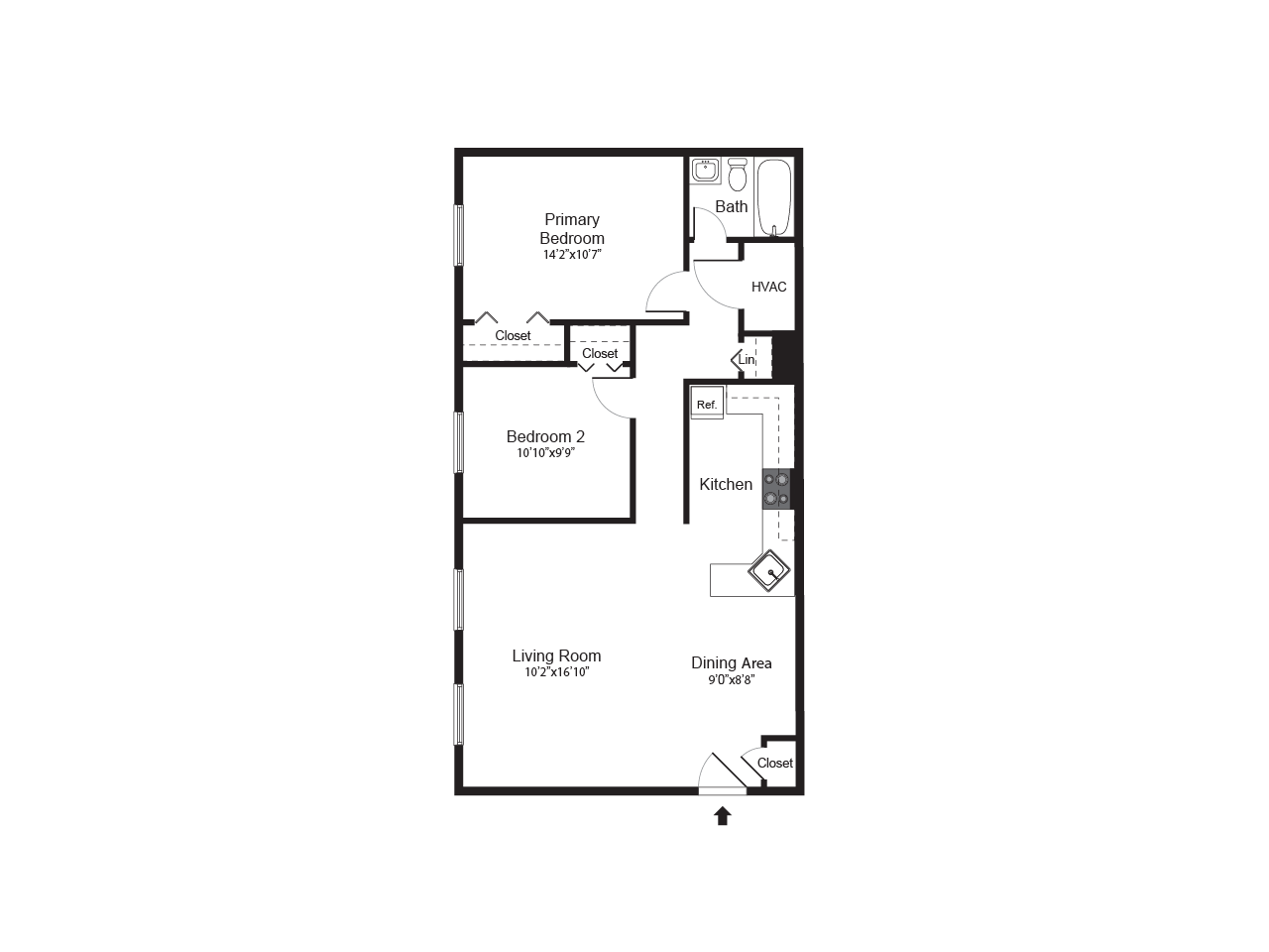Inviting floor plan featuring 2 cozy bedrooms, a spacious living room, efficient kitchen, and a charming dining area.