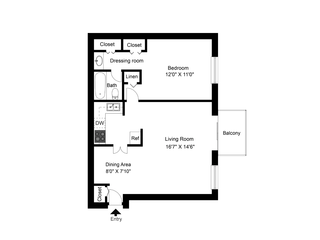 Modern floor plan showcasing one bedroom with dressing room, spacious living room with balcony, and cozy dining area.