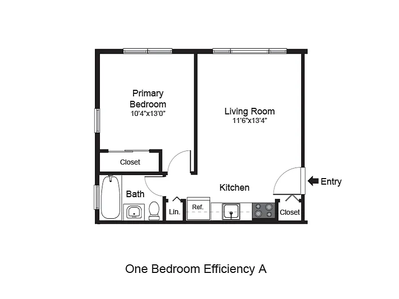 Charming one-bedroom efficiency floor plan featuring a cozy living room, modern kitchen, and well-appointed bath.