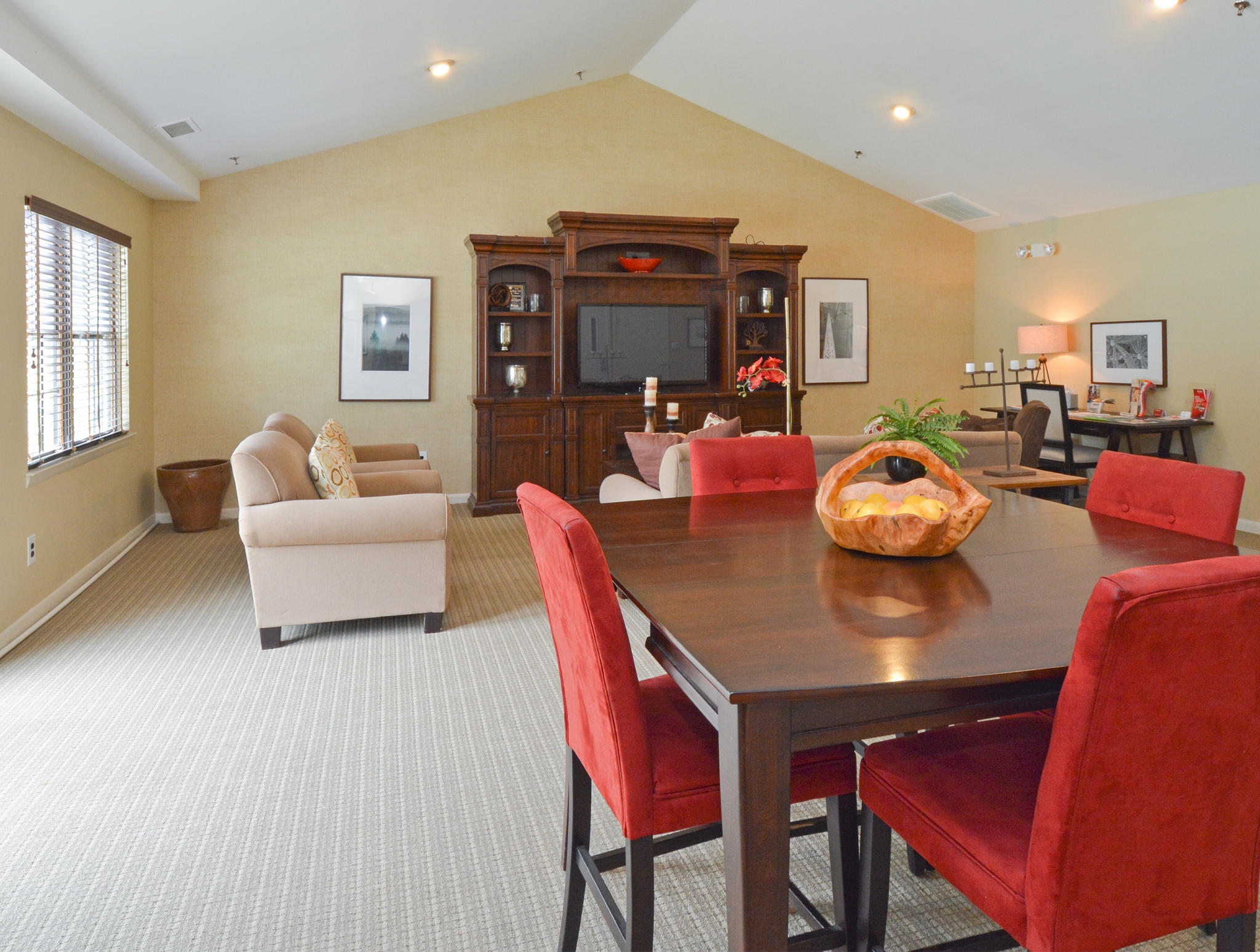 Willow Ridge Village Community Clubhouse with Brown Table and Wall Unit | Apartments In Marlton NJ