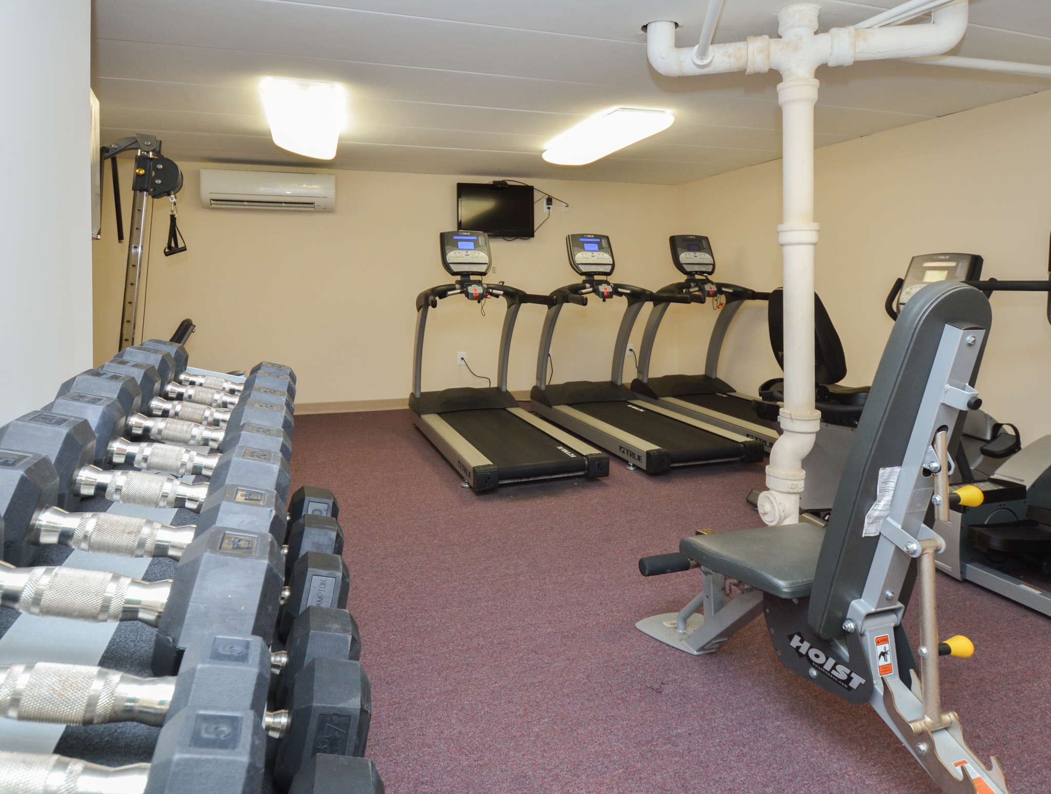 Fitness Center with Dumbbells, Treadmills, Cable Machine, and Bench | Apartments near Media, PA