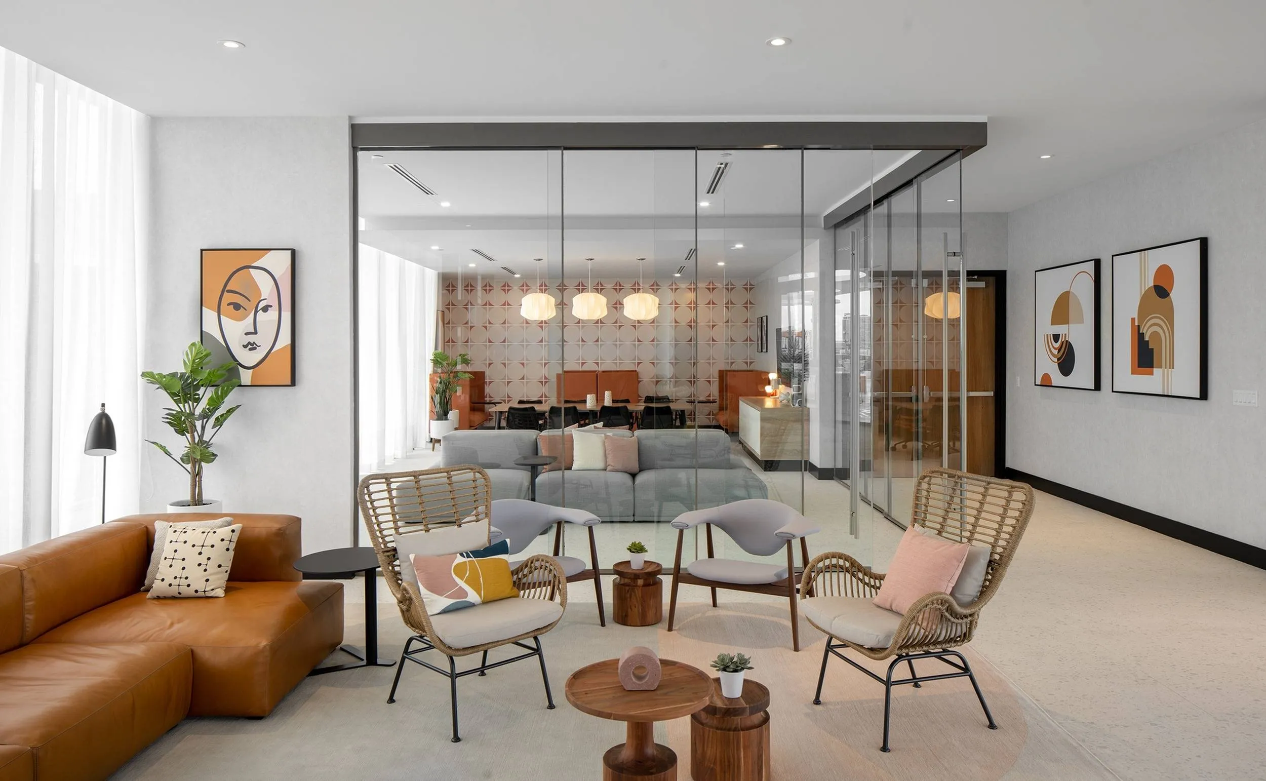 Modern apartment community lobby lounge